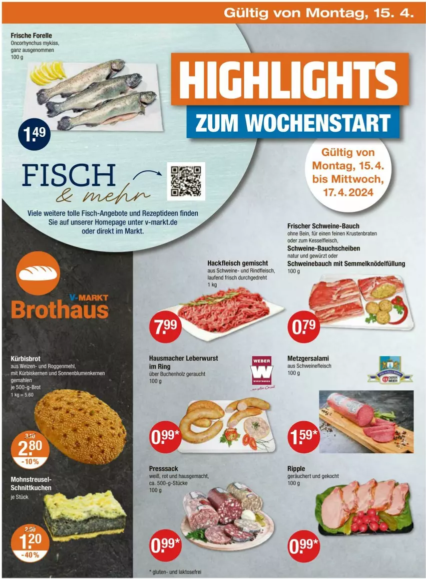 Aktueller Prospekt Vmarkt - Prospekte - von 11.04 bis 17.04.2024 - strona 22 - produkty: angebot, angebote, Bau, bauchscheiben, braten, brot, buch, eis, elle, fisch, fleisch, forelle, gewürz, Hausmacher, Holz, krustenbraten, Kürbis, Laufen, leberwurst, mac, natur, Omep, presssack, Rauch, rel, rezept, rind, rindfleisch, ring, sac, salami, schwein, schweine, schweine-bauch, schweine-bauchscheiben, schweinefleisch, Ti, wein, weine, wurst