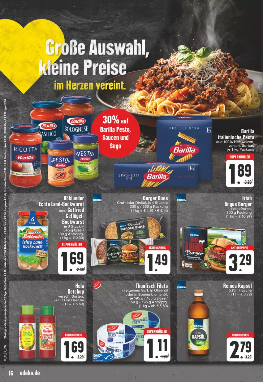 Aktueller Prospekt E Center - Angebote der Woche - von 07.08 bis 12.08.2023 - strona 16 - produkty: aktionspreis, barilla, bett, blume, blumen, blumenöl, bockwurst, böklunder, burger, burger buns, deka, Dr. Oetker, eis, filet, filets, fisch, Geflügel, gutfried, hella, iglo, in olivenöl, Kocher, Mantel, olive, oliven, olivenöl, pasta, rapsöl, reines rapsöl, reis, rel, saft, sauce, saucen, sonnenblume, sonnenblumen, sonnenblumenöl, spaghetti, Sugo, thunfisch, thunfisch filets, Ti, wurst