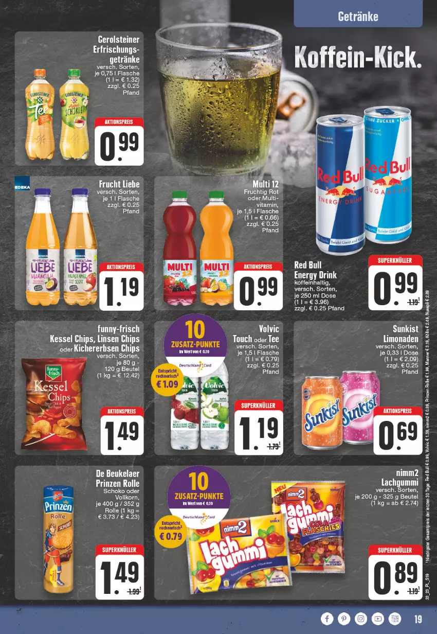 Aktueller Prospekt E Center - Angebote der Woche - von 07.08 bis 12.08.2023 - strona 19 - produkty: aktionspreis, beutel, chips, de beukelaer, deutschland card, drink, eis, energy drink, ente, flasche, frucht, funny-frisch, getränk, getränke, lachgummi, limo, limonade, limonaden, linsen, reis, schoko, tee, Ti, vita, volvic