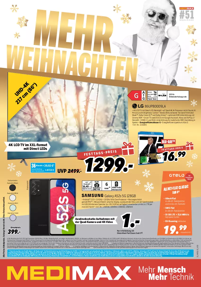 Aktueller Prospekt Medimax - MEDIMAX Prospekt KW51 2021 - von 17.12 bis 23.12.2021 - strona 1 - produkty: abholpreise, akku, alexa, alkohol, angebot, auer, blu-ray, Brei, cin, dekoration, deo, dvb, dvb-s2, DVB-T, eis, elle, erde, frontkamera, Handy, HDMI, kamera, lack, LCD TV, leds, LG, mastercard, microsd, mint, Mode, octa-core prozessor, quad, Rauch, reis, Ria, ring, rum, rwe, salz, Seife, sim, smart tv, spee, Spektrum, Spiele, Surf, Ti, tisch, touchscreen, tuner, vodafone, wasser, ZTE