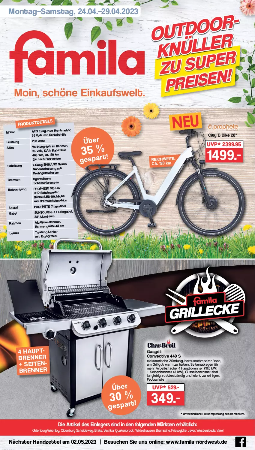 Aktueller Prospekt Famila - Prospekte - von 24.04 bis 29.04.2023 - strona 1 - produkty: aeg, akku, beleuchtung, E-Bike, eis, Elektro, elle, gabel, gasgrill, grill, jever, LG, nexus, prophete, reis, rel, rücklicht, rwe, sattel, Schal, Schale, shimano, teller, Ti, Weste, Wild