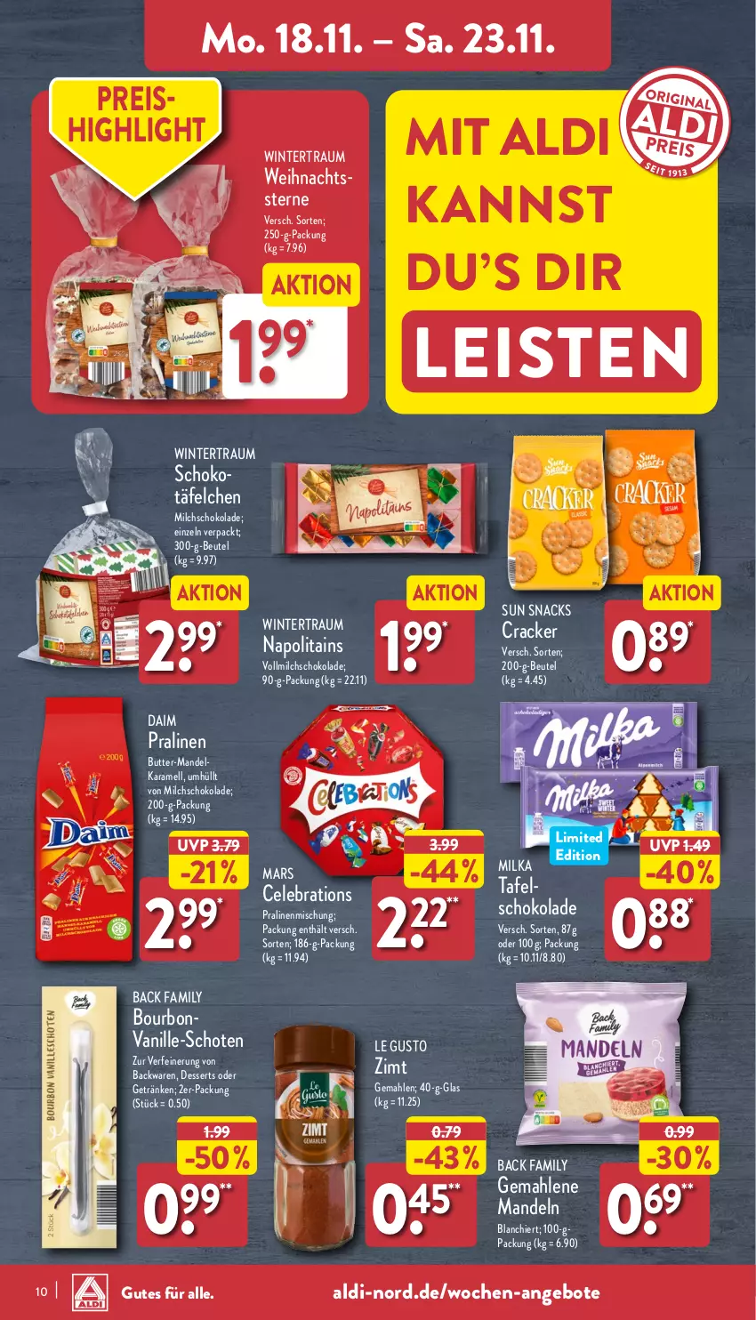 Aktueller Prospekt Aldi Nord - Von Montag - von 18.11 bis 23.11.2024 - strona 10 - produkty: aldi, angebot, angebote, backwaren, beutel, bourbon, bourbonvanille, butter, cracker, daim, dessert, desserts, eis, getränk, getränke, karamell, mandel, mandeln, mars, milch, milka, pralinen, reis, schoko, schokolade, snack, snacks, Sun Snacks, Ti, vanille, vollmilch, Weihnachtsstern