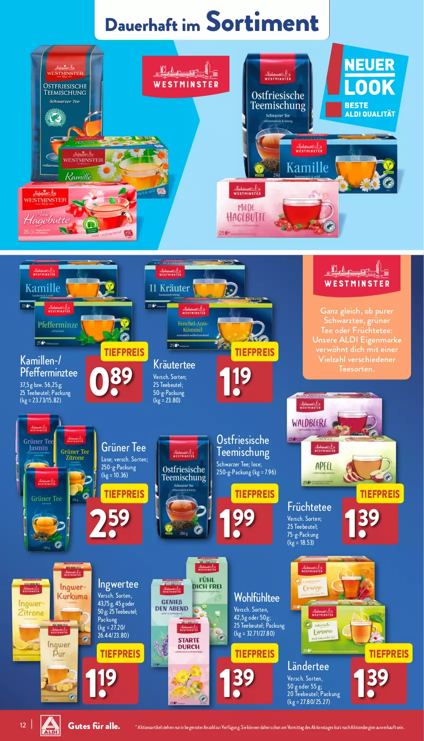 Aktueller Prospekt Aldi Nord - Von Montag - von 18.11 bis 23.11.2024 - strona 12 - produkty: aldi, auer, beutel, eis, früchte, Früchtetee, gin, grüner tee, ingwer, Kamill, kamille, kräuter, Ländertee, pfeffer, reis, schwarzer tee, tee, Teebeutel, Ti, tiefpreis, ZTE