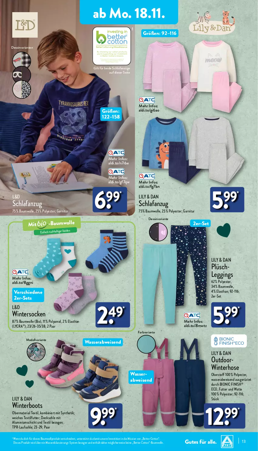 Aktueller Prospekt Aldi Nord - Von Montag - von 18.11 bis 23.11.2024 - strona 13 - produkty: aldi, Anzug, Bau, baumwolle, bett, bio, decksohle, dell, eis, Finish, garnitur, gin, hose, kleid, leggings, Mode, Plüsch, Plüschleggings, Ria, rwe, Schlafanzug, Schlafanzüge, socken, Ti, wasser, Wintersocken, wolle