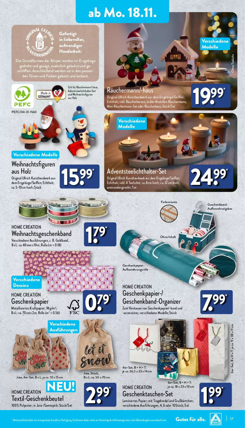 Aktueller Prospekt Aldi Nord - Von Montag - von 18.11 bis 23.11.2024 - strona 17 - produkty: ACC, accessoires, aufbewahrungsbox, beutel, Brei, dell, elle, erde, Germ, Geschenkbeutel, Geschenkpapier, Geschenktasche, gin, Holz, kerze, kraft, lack, Mode, papier, Ria, Tasche, taschen, tee, Teelicht, teelichte, teelichthalter, Ti, Weihnachtsfigur, ZTE