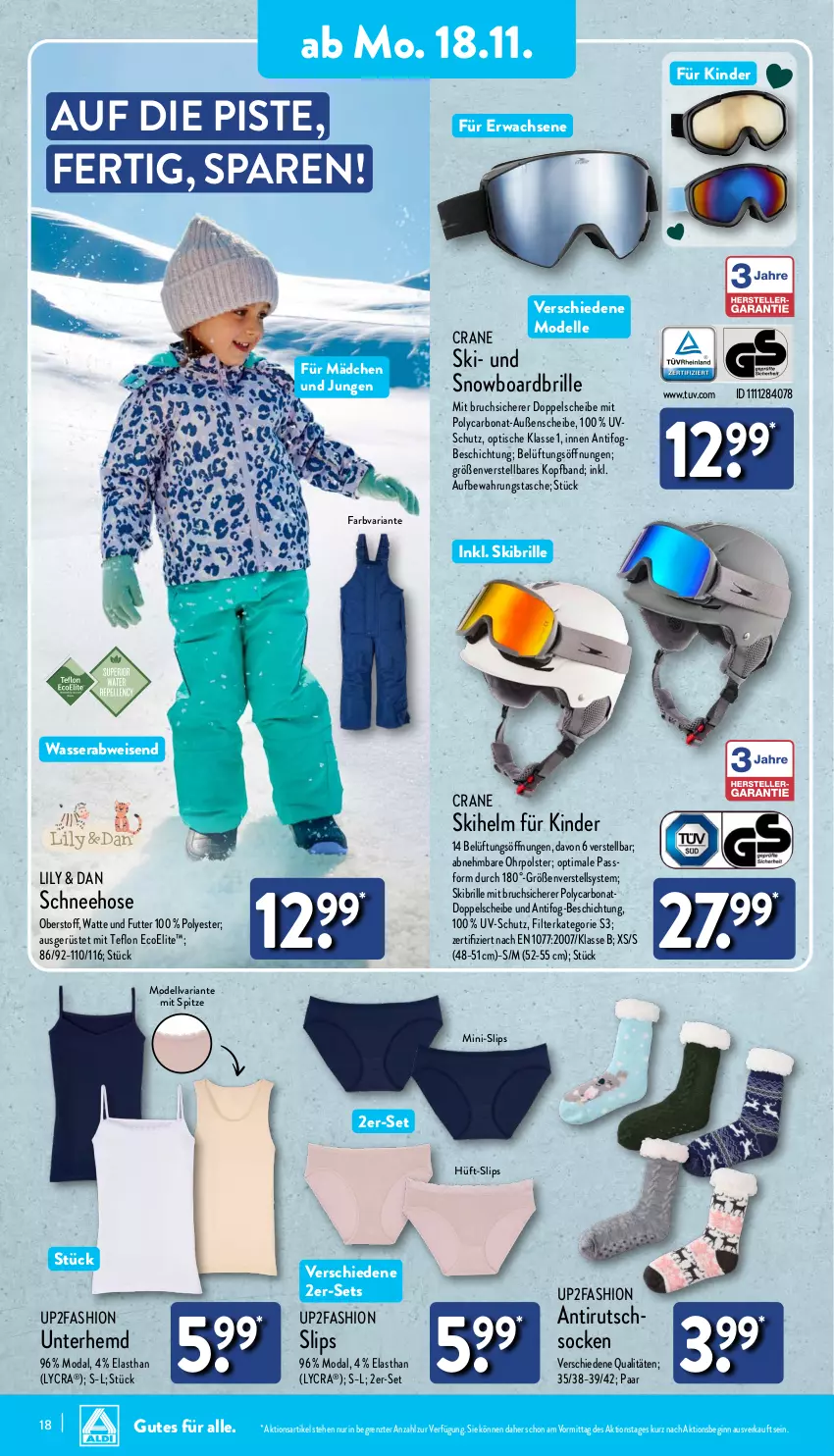 Aktueller Prospekt Aldi Nord - Von Montag - von 18.11 bis 23.11.2024 - strona 18 - produkty: aufbewahrungstasche, Bona, Brille, dell, eis, elle, gin, hemd, hose, Kinder, Mode, Ria, Schneehose, Skibrille, Skihelm, slip, slips, Snowboardbrille, socken, Tasche, Ti, tisch, Unterhemd, up2fashion, wasser, ZTE