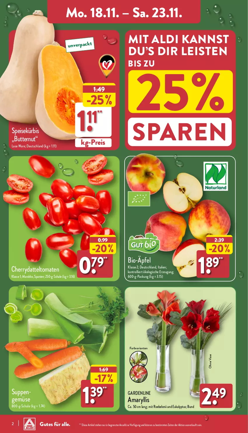 Aktueller Prospekt Aldi Nord - Von Montag - von 18.11 bis 23.11.2024 - strona 2 - produkty: aldi, bio, butter, datteltomaten, eis, Kürbis, reis, Ria, Schal, Schale, suppe, suppen, Ti, tomate, tomaten, trolli, Vase, ZTE