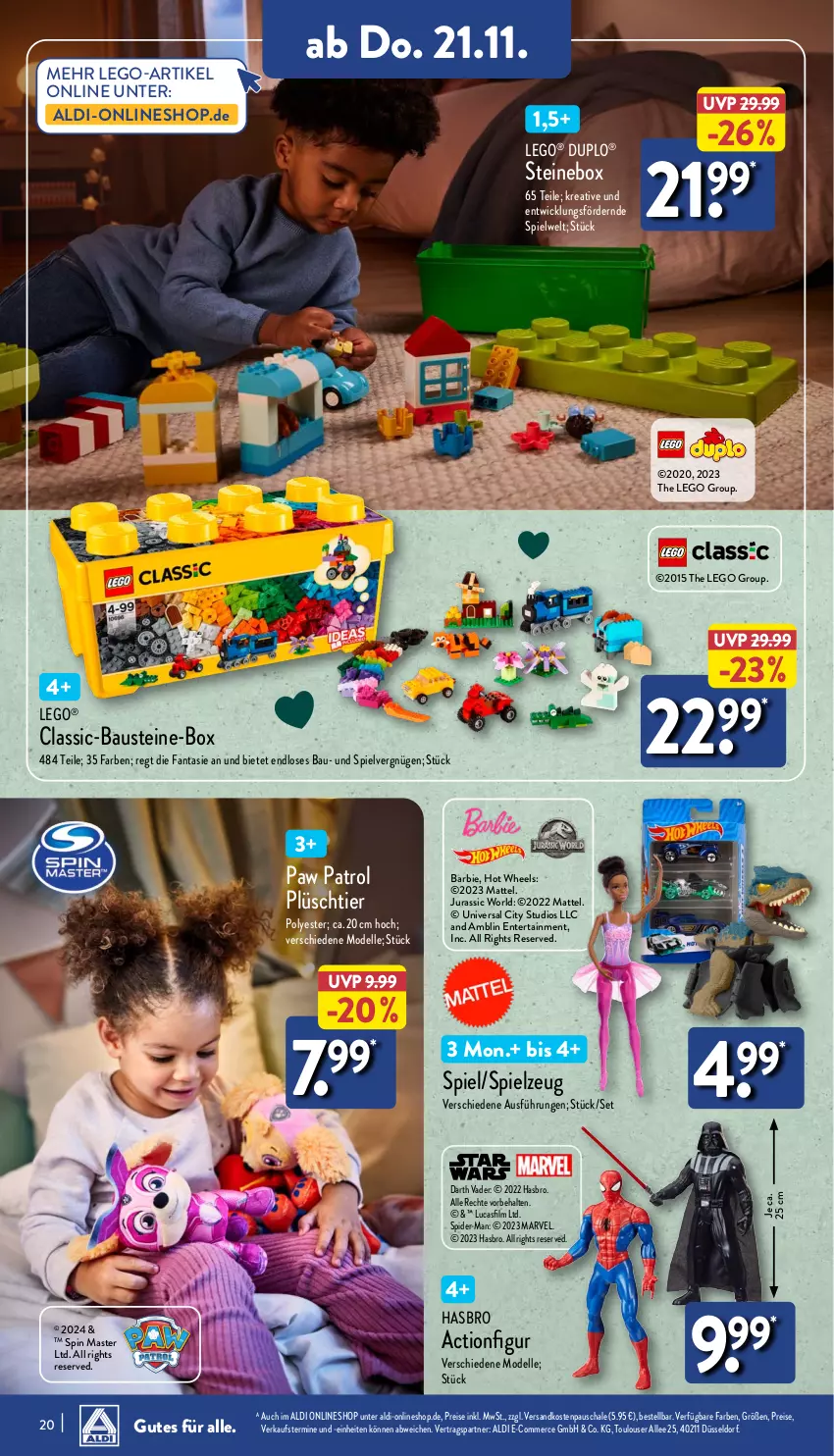 Aktueller Prospekt Aldi Nord - Von Montag - von 18.11 bis 23.11.2024 - strona 20 - produkty: aldi, aust, Barbie, Bau, dell, duplo, eis, elle, ente, fanta, Hasbro, Hot Wheels, Jura, LEGO®, Mattel, Mode, ndk, Paw Patrol, Plüsch, reis, Schal, Schale, spider-man, spielzeug, Ti, WICK