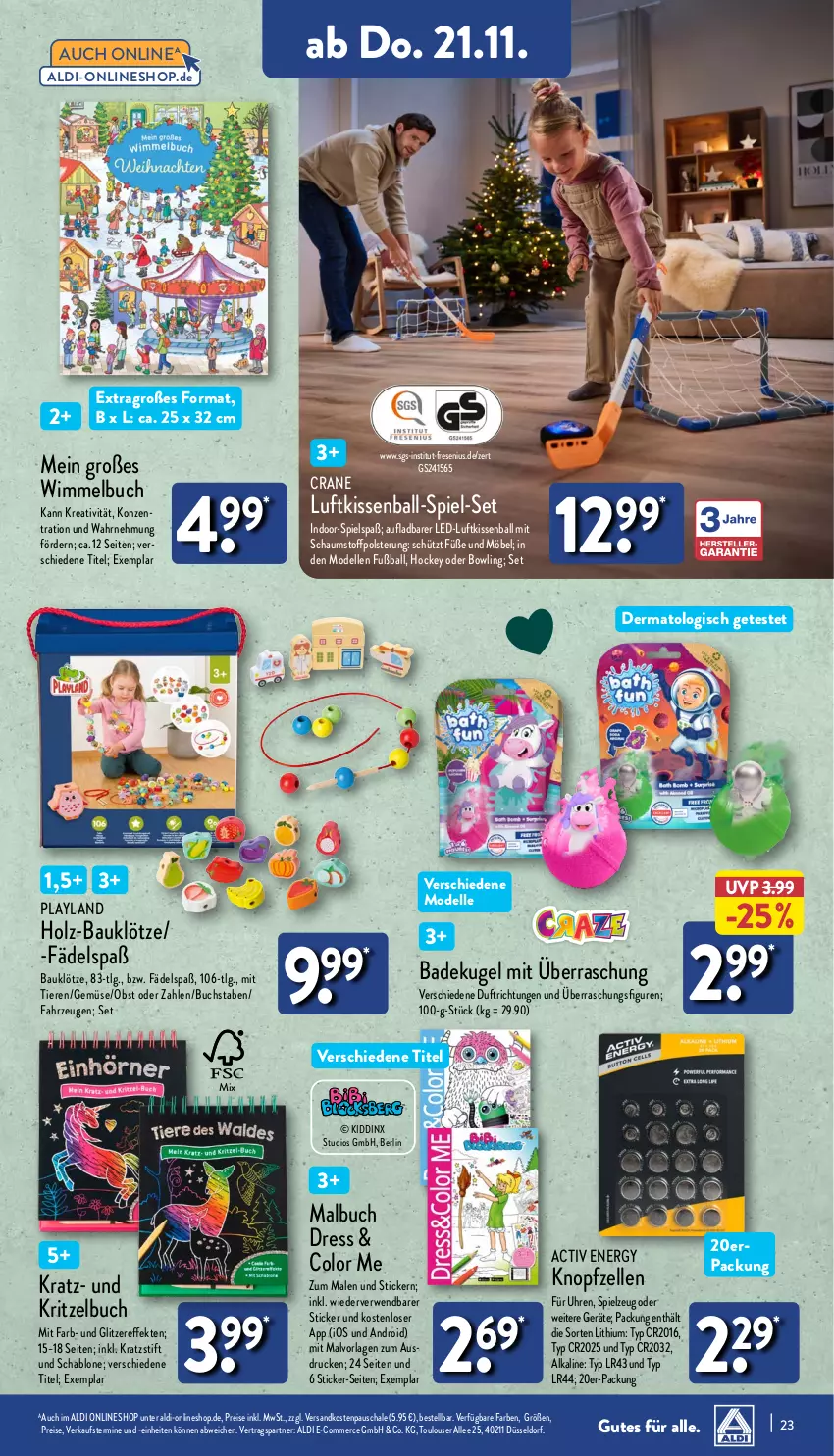 Aktueller Prospekt Aldi Nord - Von Montag - von 18.11 bis 23.11.2024 - strona 23 - produkty: aldi, Bad, ball, Bau, buch, dell, eis, elle, Fußball, Holz, kissen, Kugel, LG, Malbuch, möbel, Mode, ndk, obst, reis, rwe, Schal, Schale, spielzeug, Ti, Tiere, uhr