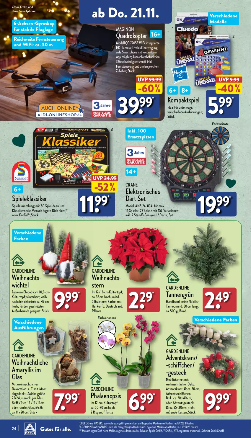 Aktueller Prospekt Aldi Nord - Von Montag - von 18.11 bis 23.11.2024 - strona 24 - produkty: Adventskranz, aldi, auto, Blüte, Brei, dekoration, dell, Elektro, elle, gin, gyros, Hasbro, kamera, kerze, Kranz, kulturtopf, LG, Mode, pflanze, phalaenopsis, quad, Quadro, Ria, rwe, Schiffchen, smartphone, Spiele, tee, Ti, topf, Weihnachtsstern, Wichtel, ZTE, zwiebel