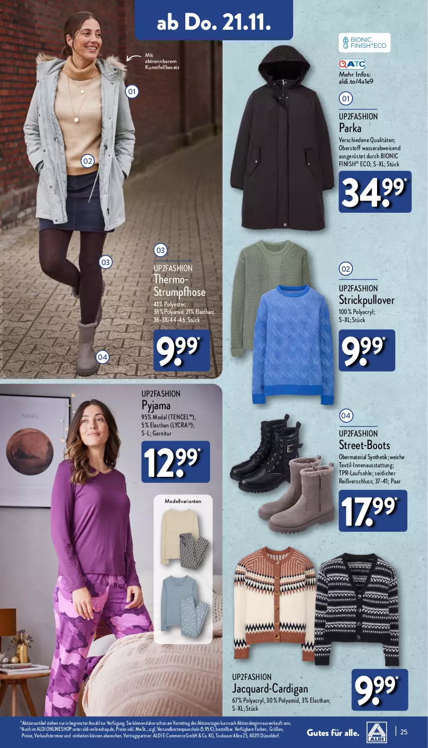 Aktueller Prospekt Aldi Nord - Von Montag - von 18.11 bis 23.11.2024 - strona 25 - produkty: aldi, bio, Cardigan, dell, eis, Finish, garnitur, gin, hose, Mode, ndk, obermaterial synthetik, Parka, Pullover, Pyjama, reis, Ria, rum, Schal, Schale, Strickpullover, Strumpfhose, Thermostrumpfhose, Ti, up2fashion, wasser, ZTE