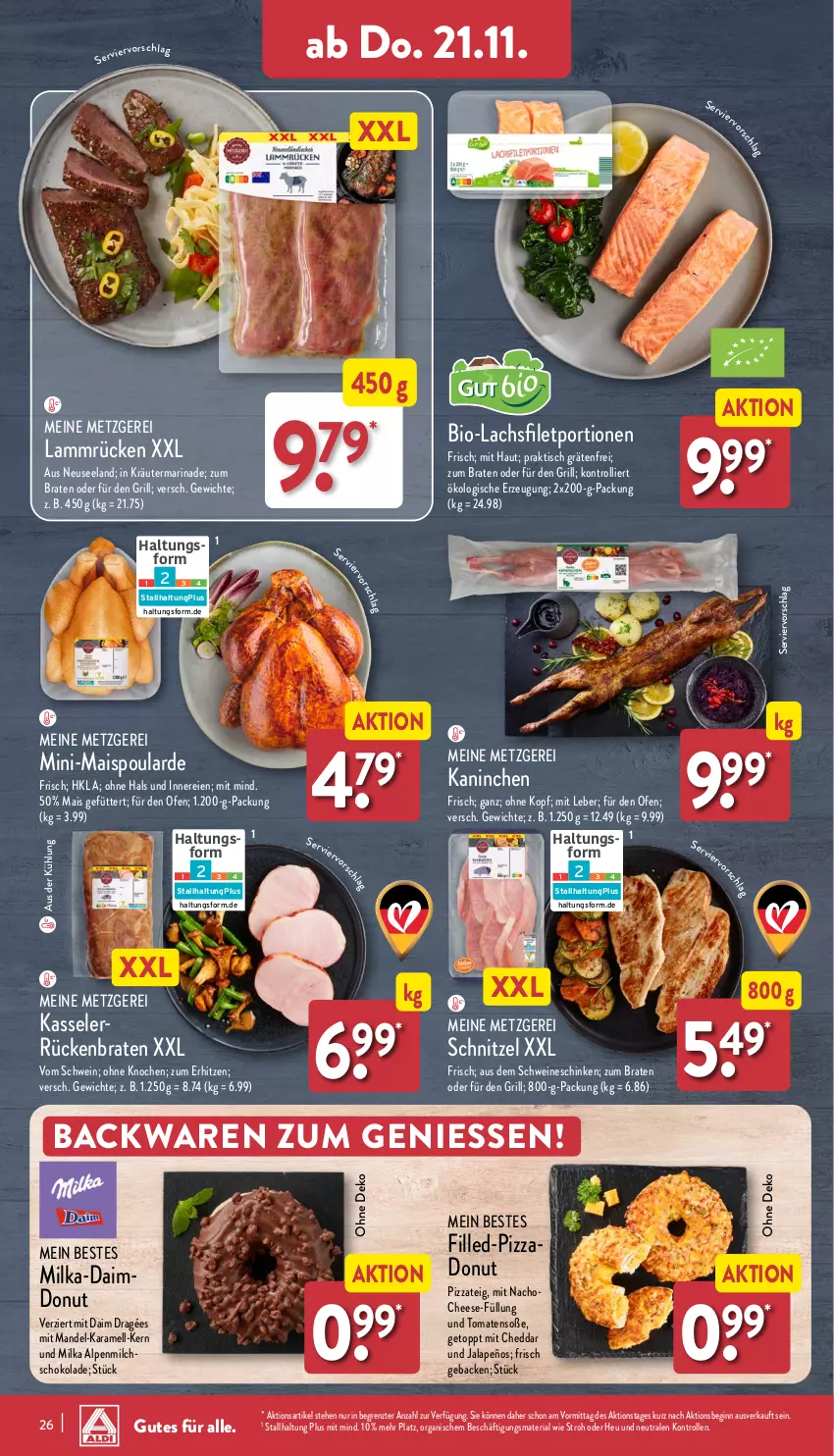 Aktueller Prospekt Aldi Nord - Von Montag - von 18.11 bis 23.11.2024 - strona 26 - produkty: alpenmilch, backwaren, bio, braten, cheddar, daim, Donut, Elan, filet, geback, gin, grill, Heu, jalapeño, karamell, kasseler, kräuter, lachs, lachsfilet, lamm, Lammrücken, mais, mandel, marinade, milch, milka, nacho, Ofen, pizza, Pizzateig, Ria, Rückenbraten, schinken, schnitzel, schoko, schokolade, schwein, schweine, Soße, Ti, tisch, tomate, tomaten, trolli, wein, weine, ZTE