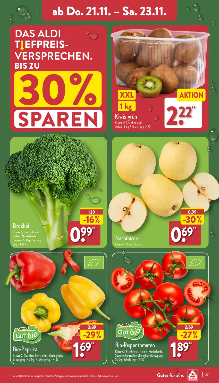 Aktueller Prospekt Aldi Nord - Von Montag - von 18.11 bis 23.11.2024 - strona 27 - produkty: aldi, bio, Bio-Paprika, brokkoli, eis, kiwi, Nashi, paprika, reis, rispentomaten, Schal, Schale, Ti, tomate, tomaten, trolli, ZTE