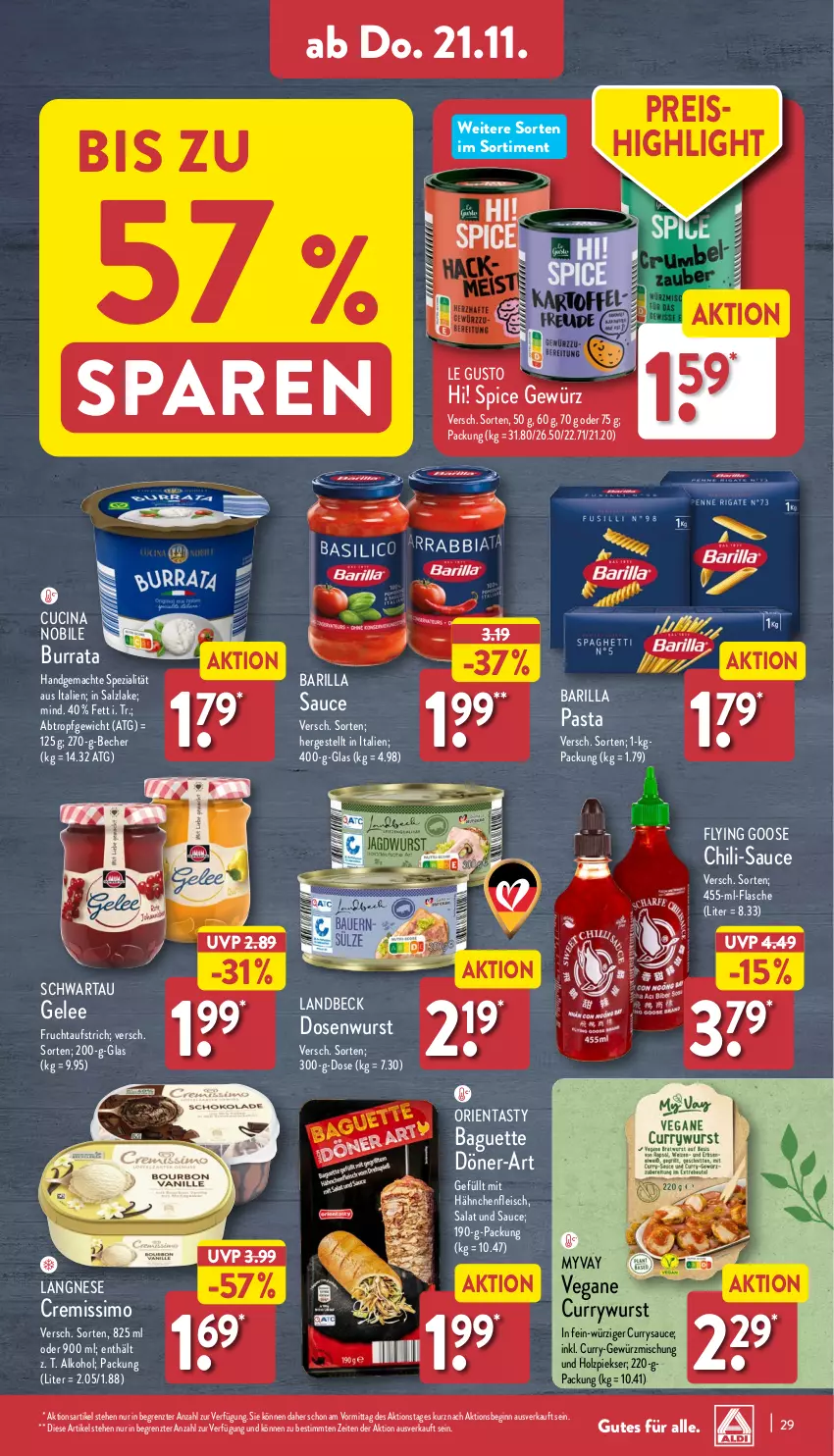 Aktueller Prospekt Aldi Nord - Von Montag - von 18.11 bis 23.11.2024 - strona 29 - produkty: alkohol, aufstrich, baguette, barilla, Becher, Burrata, chili, cin, cremissimo, curry, currywurst, Dosenwurst, eis, flasche, fleisch, frucht, fruchtaufstrich, gelee, gewürz, Gewürzmischung, gin, Hähnchenfleisch, Holz, langnese, langnese cremissimo, mac, pasta, reis, salat, salz, sauce, Schwartau, sim, Spezi, Ti, wurst, ZTE