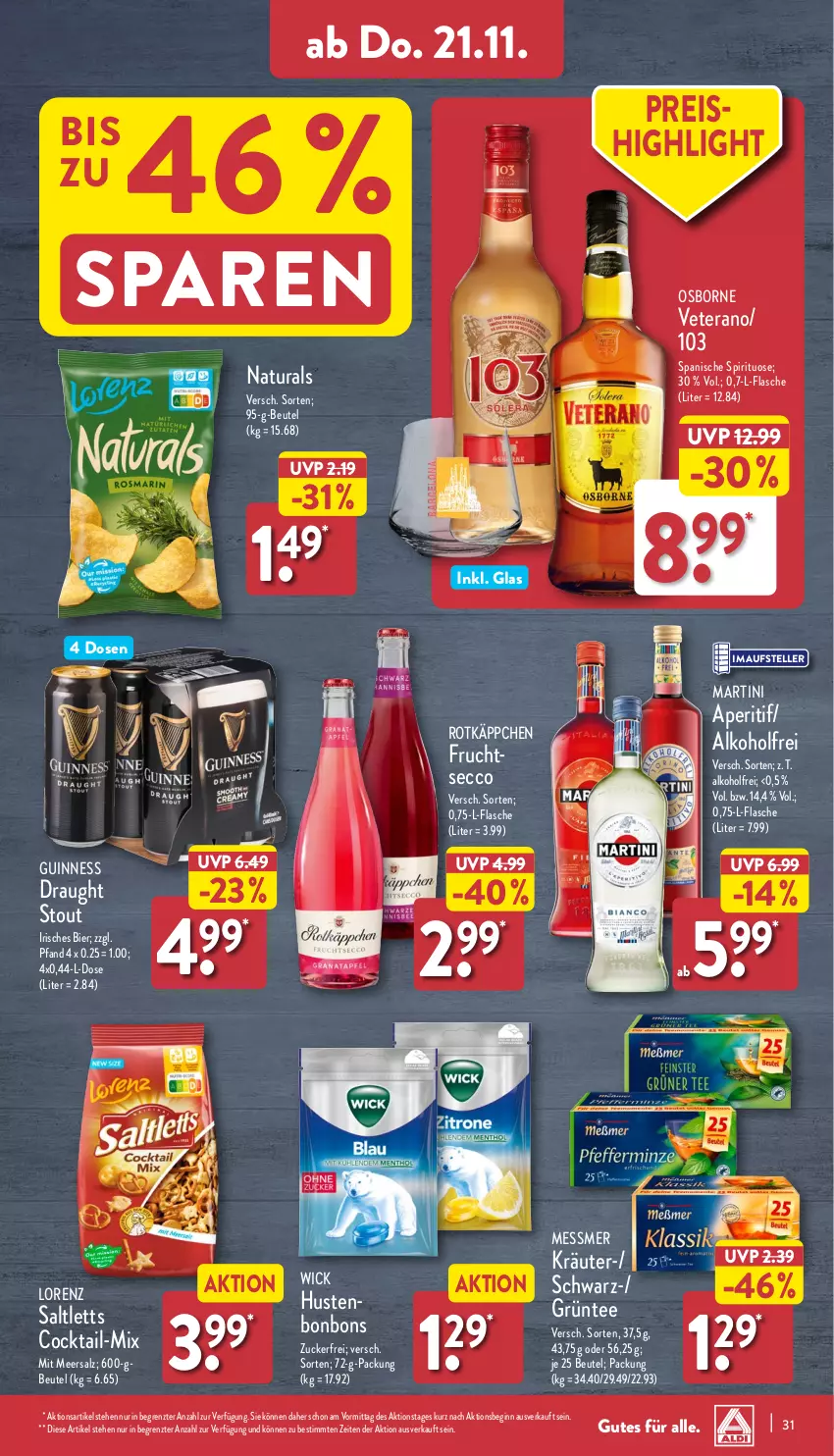 Aktueller Prospekt Aldi Nord - Von Montag - von 18.11 bis 23.11.2024 - strona 31 - produkty: alkohol, aperitif, beutel, bier, bonbons, cocktail, ecco, eis, elle, flasche, frucht, gin, Guinness, kräuter, lorenz, martini, meersalz, natur, natura, osborne, reis, rotkäppchen, saltletts, salz, tee, teller, Ti, veterano, WICK, ZTE, zucker