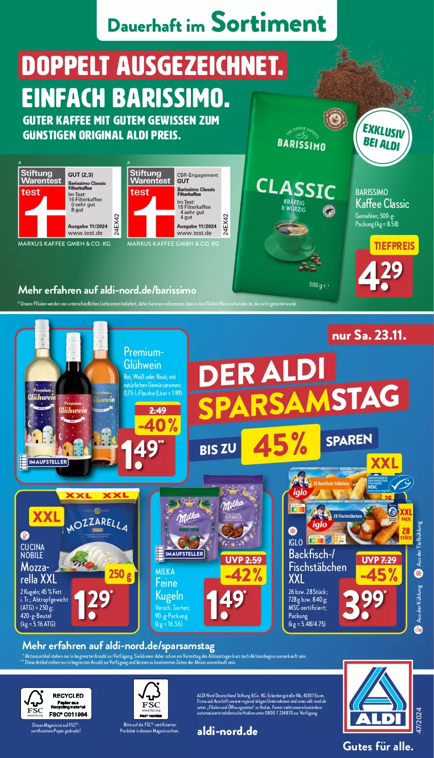 Aktueller Prospekt Aldi Nord - Von Montag - von 18.11 bis 23.11.2024 - strona 36 - produkty: aldi, auer, aus der tiefkühlung, auto, backfisch, beutel, cin, eis, elle, erde, fisch, fischstäbchen, flasche, gewürz, gin, Glühwein, iglo, kaffee, Kugel, magazin, milka, papier, reis, rel, sim, telefon, teller, Ti, tiefpreis, wein, ZTE