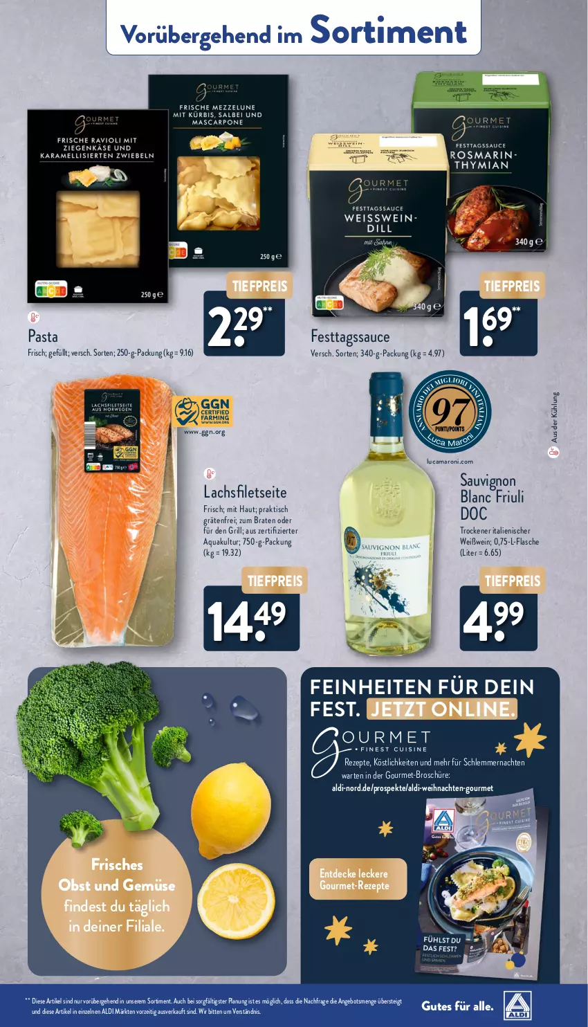 Aktueller Prospekt Aldi Nord - Von Montag - von 18.11 bis 23.11.2024 - strona 38 - produkty: aldi, amaro, angebot, aqua, braten, decke, eis, filet, filets, flasche, grill, lachs, lachsfilet, lachsfilets, obst, Obst und Gemüse, pasta, reis, rezept, rezepte, sauce, sauvignon, sauvignon blanc, Ti, tiefpreis, tisch, und gemüse, weihnachten, wein, Weißwein