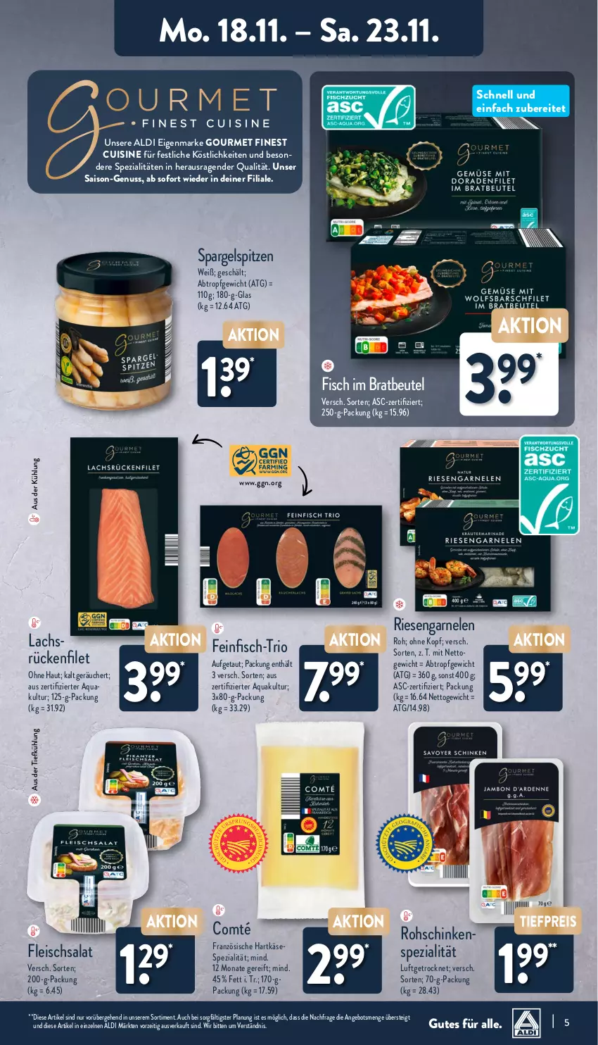 Aktueller Prospekt Aldi Nord - Von Montag - von 18.11 bis 23.11.2024 - strona 5 - produkty: aldi, angebot, aqua, aus der tiefkühlung, beutel, comté, eis, filet, fisch, fleisch, fleischsalat, garnelen, Käse, lachs, nuss, reis, riesengarnelen, rohschinken, salat, schinken, spargel, Spezi, Ti, tiefpreis