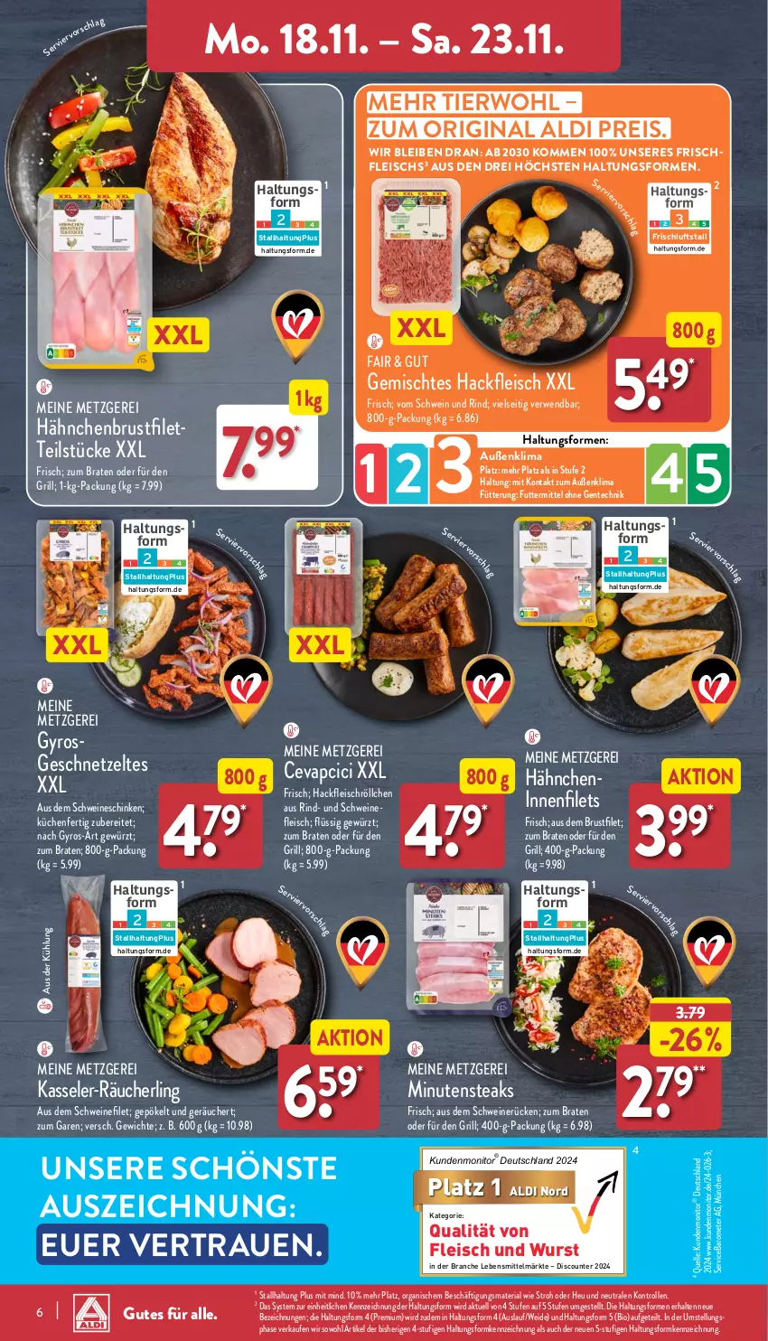 Aktueller Prospekt Aldi Nord - Von Montag - von 18.11 bis 23.11.2024 - strona 6 - produkty: aldi, bio, braten, brustfilet, cevapcici, discount, eis, elle, ente, filet, filets, fleisch, geschnetzeltes, gewürz, gin, grill, gyros, hackfleisch, hähnchenbrust, hähnchenbrustfilet, Heu, kasseler, küche, Küchen, lebensmittel, minutensteaks, monitor, Räucherling, reis, Ria, rind, rwe, schinken, schwein, schwein und rind, schweine, schweinefilet, schweinerücken, steak, steaks, Ti, vom schwein und rind, wein, weine, wurst, Zelt