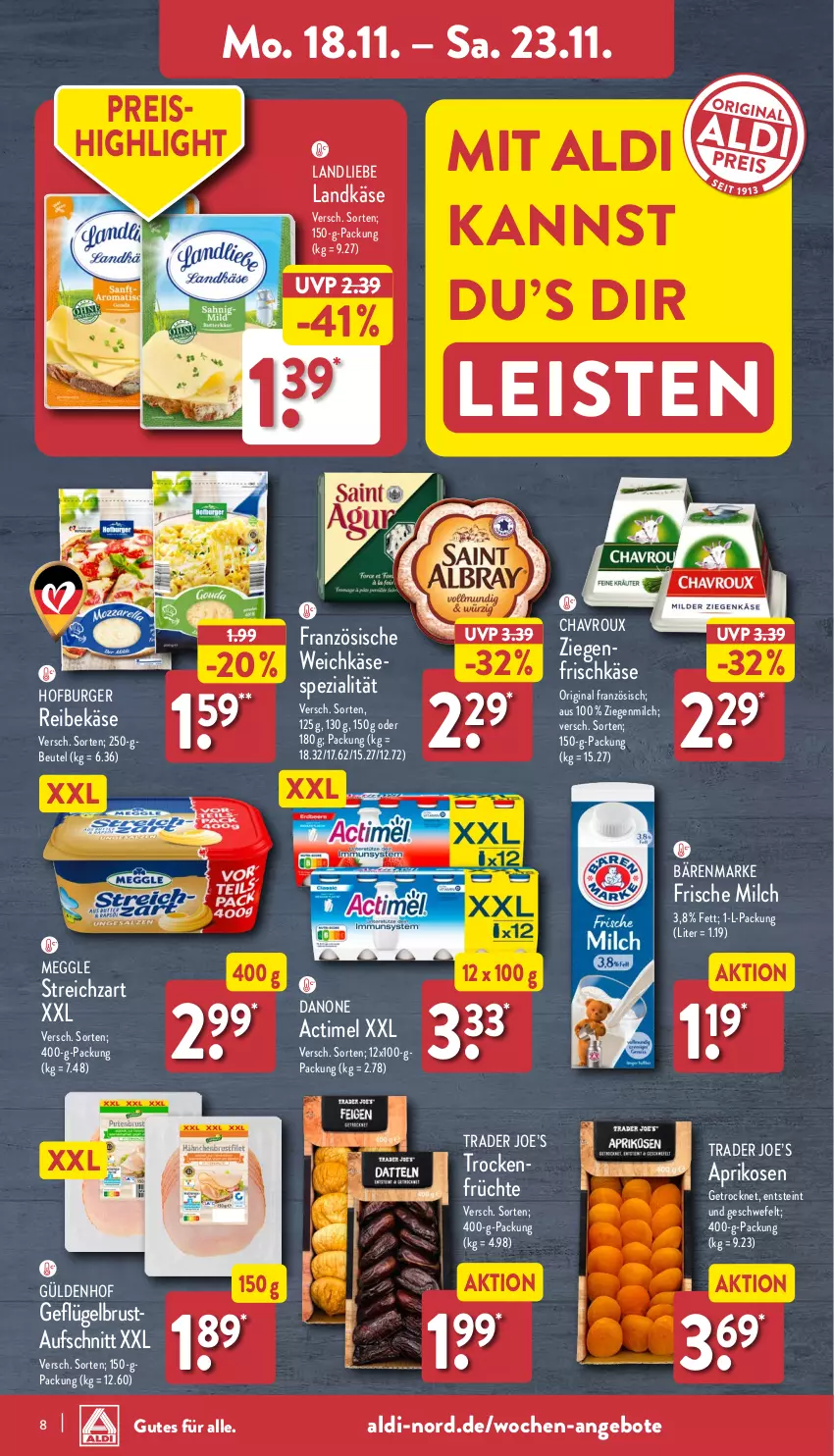 Aktueller Prospekt Aldi Nord - Von Montag - von 18.11 bis 23.11.2024 - strona 8 - produkty: actimel, aldi, angebot, angebote, aprikose, aprikosen, aufschnitt, bärenmarke, beutel, burger, chavroux, danone, eis, frische milch, frischkäse, früchte, Geflügel, gin, Käse, landkäse, landliebe, meggle, milch, ndk, Reibekäse, reis, Spezi, Streichzart, Ti, Trockenfrüchte, weichkäse