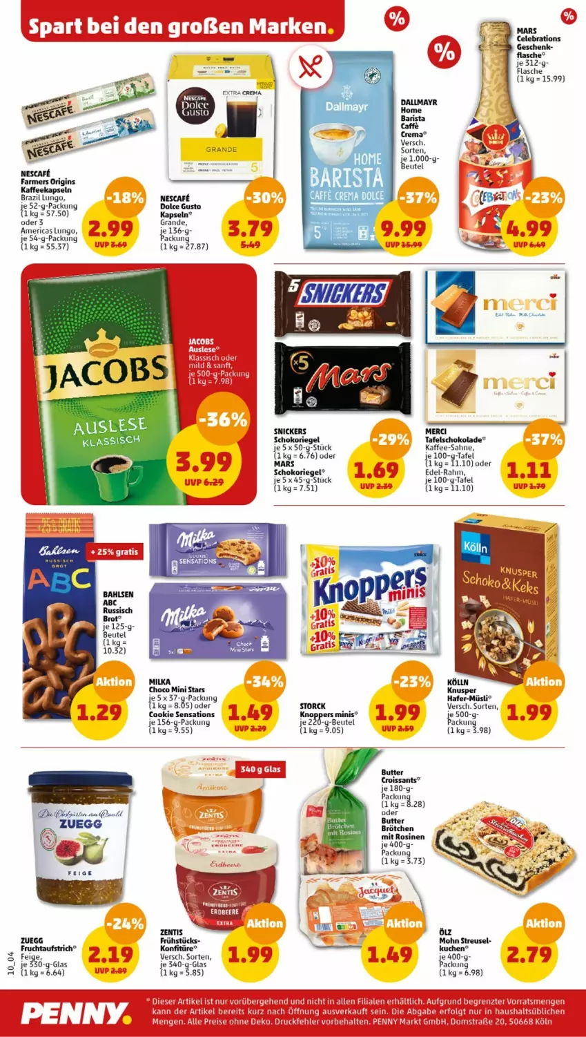 Aktueller Prospekt Penny - Prospekte - von 31.07 bis 05.08.2023 - strona 10 - produkty: aufstrich, beutel, brötchen, butter, caffe, cin, cookie, Croissant, croissants, dolce gusto, flasche, frucht, fruchtaufstrich, gin, hafer, kaffee, kaffeekapseln, konfitüre, kuchen, lungo, mars, merci, milka, müsli, nescafe, riegel, sahne, schoko, schokolade, schokoriegel, sensations, snickers, storck, tafelschokolade, Ti, zentis, zuegg