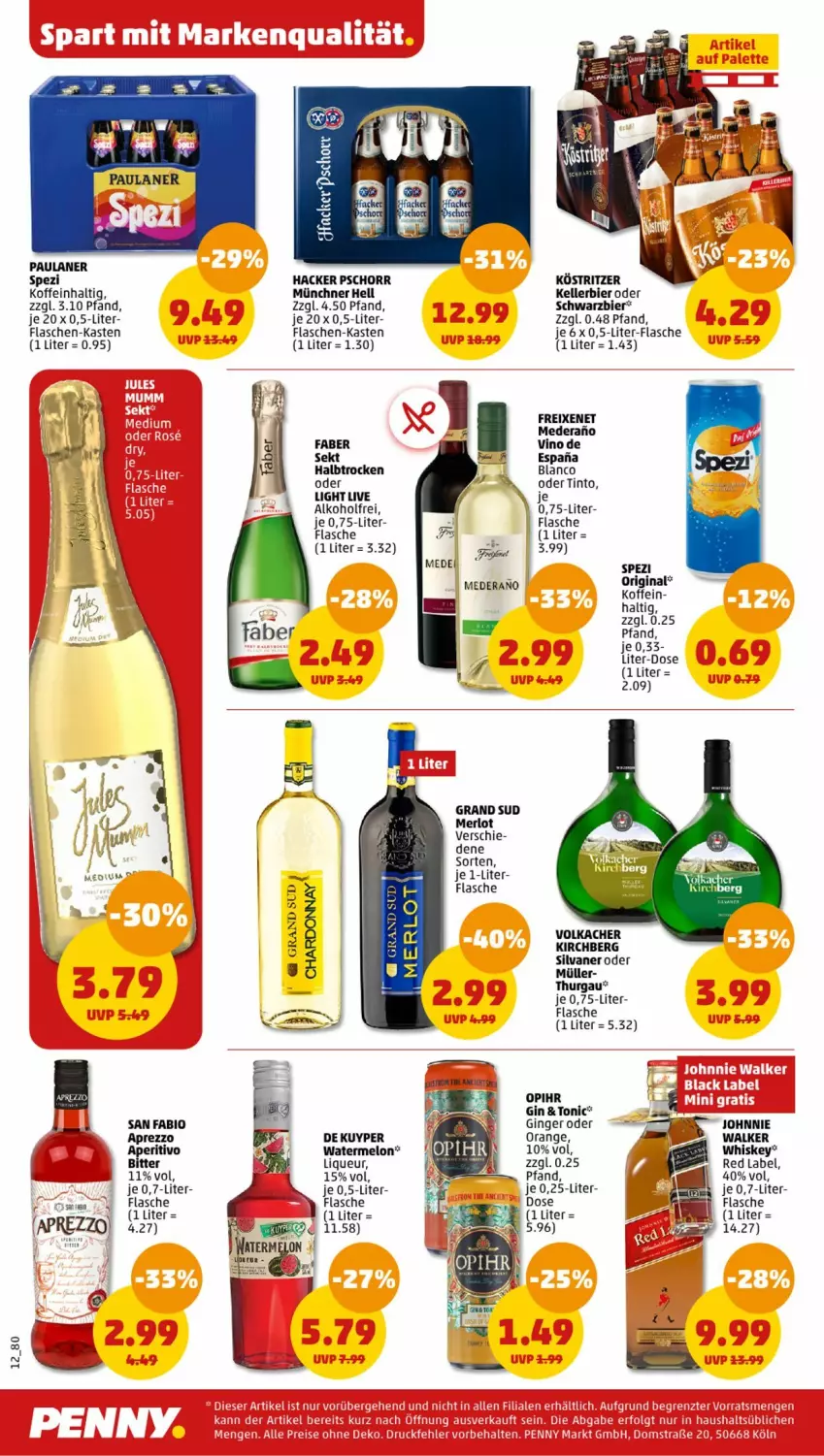 Aktueller Prospekt Penny - Prospekte - von 31.07 bis 05.08.2023 - strona 12 - produkty: alkohol, bier, bio, chardonnay, elle, flasche, flaschen-kasten, freixenet, gin, ginger, grand sud, hacker pschorr, johnnie walker, kellerbier, köstritzer, liqueur, merl, merlot, Müller, orange, Paula, paulaner, sekt, silvaner, Spezi, tee, Ti, tonic, whiskey