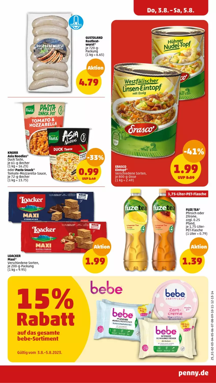 Aktueller Prospekt Penny - Prospekte - von 31.07 bis 05.08.2023 - strona 25 - produkty: Becher, Duck, flasche, fuze tea, kakao, knorr, mozzarella, pasta, pasta snack, pet-flasche, pfirsich, Reinigung, reinigungstücher, rel, sauce, snack, tomate, topf, tücher, wurst, zitrone