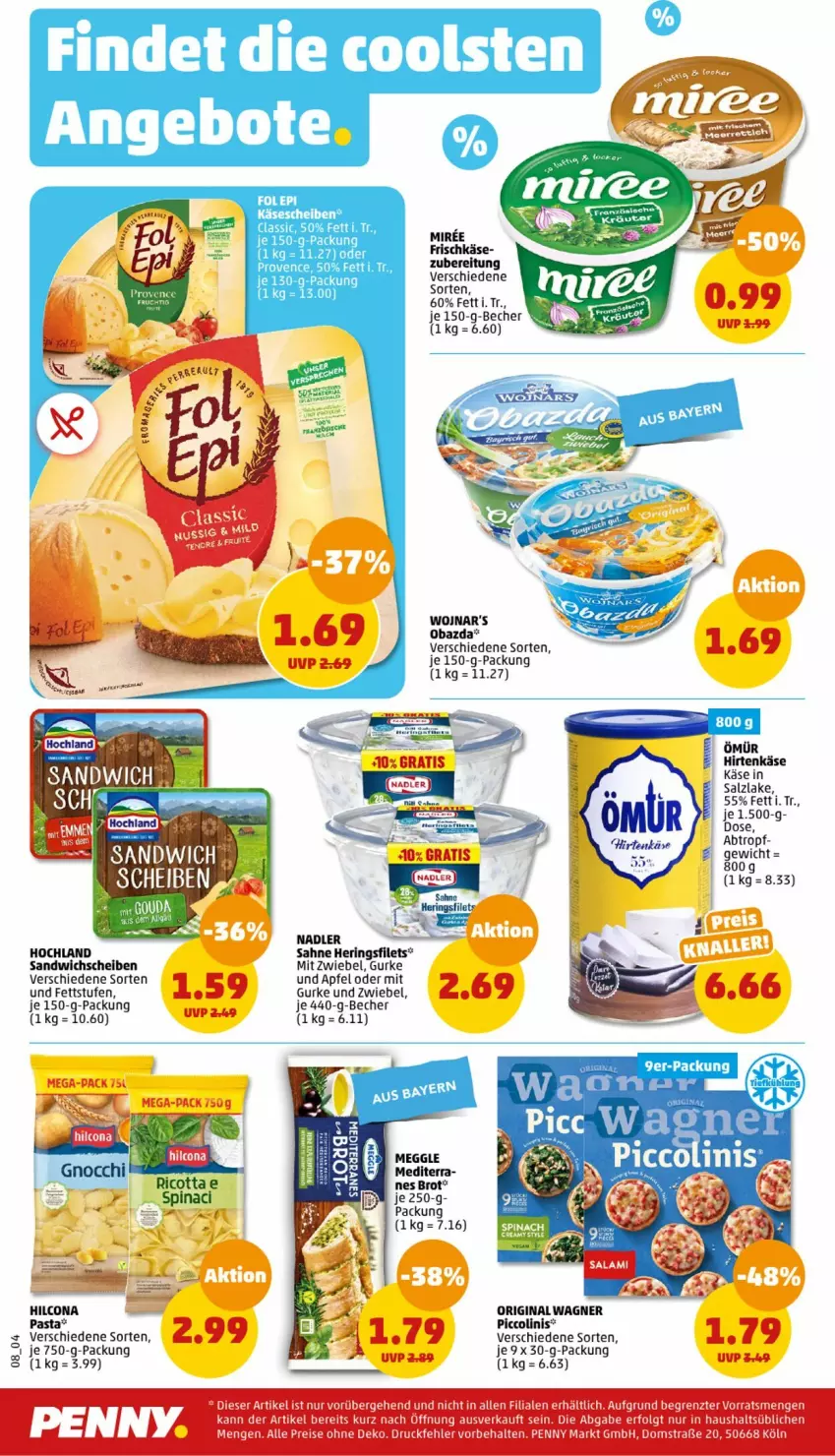 Aktueller Prospekt Penny - Prospekte - von 31.07 bis 05.08.2023 - strona 8 - produkty: apfel, Becher, brot, filet, filets, frischkäse, gin, gurke, hering, Herings, heringsfilets, hilcona, hirtenkäse, hochland, Käse, meggle, nadler, obazda, original wagner, pasta, piccolinis, ricotta, ring, sahne, salz, sandwich, Ti, wagner, zwiebel