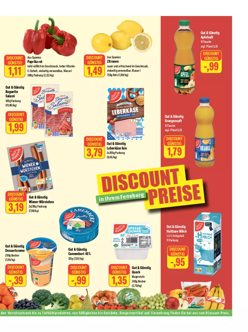 Aktueller Prospekt Feneberg - Prospekte - von 16.11 bis 18.11.2023 - strona 11 - produkty: apfel, apfelsaft, auer, baguette, Becher, camembert, creme, dessert, discount, eis, flasche, getränk, getränke, haltbare milch, Käse, leberkäs, leberkäse, mac, milch, orange, orangen, orangensaft, paprika, paprika rot, quark, reis, rwe, saft, salami, Schrank, Ti, tiernahrung, vita, vorratsschrank, wiener, wiener würstchen, würstchen, zitrone, zitronen