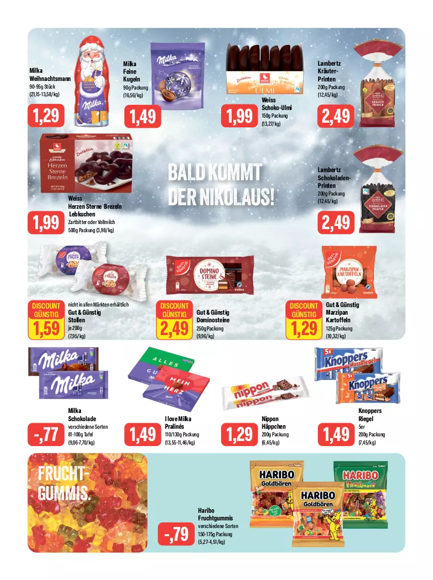 Aktueller Prospekt Feneberg - Prospekte - von 16.11 bis 18.11.2023 - strona 12 - produkty: Amber, brezel, Brezeln, discount, Dominosteine, eis, frucht, fruchtgummi, fruchtgummis, haribo, kartoffel, kartoffeln, knoppers, kräuter, kuchen, Kugel, lambertz, Lebkuchen, marzipan, milch, milka, milka schokolade, nippon, riegel, schoko, schokolade, schokoladen, Stollen, Ti, vollmilch