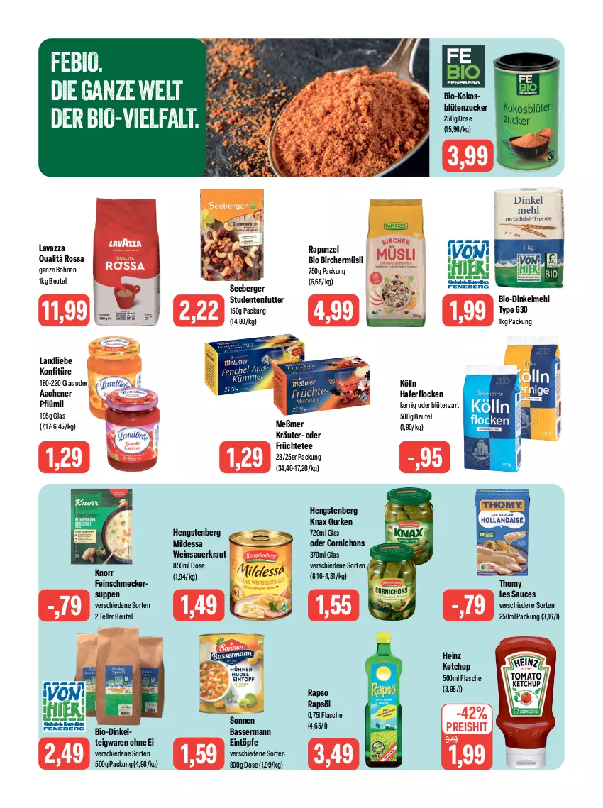 Aktueller Prospekt Feneberg - Prospekte - von 16.11 bis 18.11.2023 - strona 8 - produkty: auer, Berger, beutel, bio, Blüte, bohne, bohnen, dinkelmehl, eintöpfe, eis, elle, ente, feinschmecker, flasche, früchte, Früchtetee, gurke, gurken, hafer, haferflocken, heinz, hengstenberg, ketchup, knorr, kokos, kölln, konfitüre, Kraut, kräuter, landliebe, lavazza, mehl, Meßmer, müsli, rapso, rapsöl, reis, sauce, Sauerkraut, seeberger, studentenfutter, suppe, suppen, tee, teigwaren, teller, thomy, thomy les sauces, wein, Weinsauerkraut, zucker