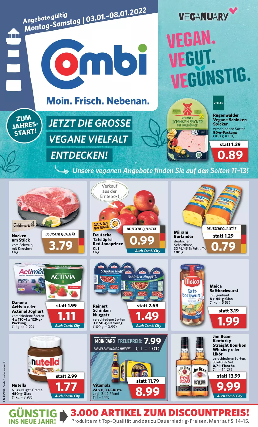 Aktueller Prospekt Combi - Prospekte - von 03.01 bis 08.01.2022 - strona 1 - produkty: actimel, activia, angebot, angebote, auer, bockwurst, bourbon, bourbon whiskey, burlander, creme, danone, danone activia, decke, deutscher schnittkäse, discount, eis, flasche, jim beam, joghur, joghurt, Käse, kentucky straight, likör, malz, meica, milram, nuss, nuss-nugat-creme, nutella, reinert, reis, rügenwalder, saft, schinken, schinken spicker, schnittkäse, schwein, tafeläpfel, Ti, tuc, vita, vitamalz, wein, whiskey, wurst