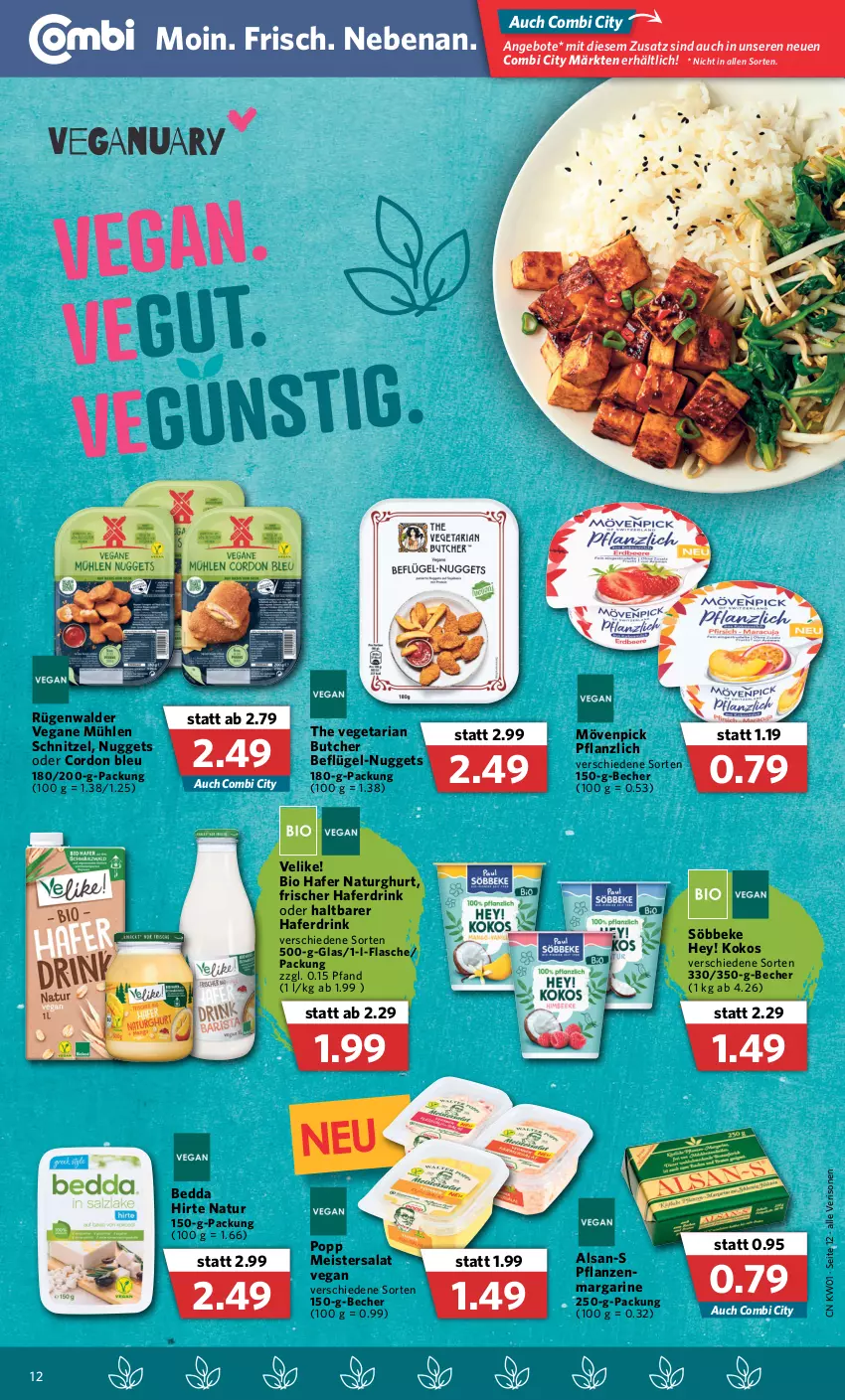 Aktueller Prospekt Combi - Prospekte - von 03.01 bis 08.01.2022 - strona 12 - produkty: angebot, angebote, Becher, bio, cordon bleu, drink, eis, flasche, hafer, Haferdrink, kokos, margarine, Meister, mövenpick, natur, nuggets, pflanze, pflanzen, Popp, Ria, rügenwalder, salat, schnitzel, söbbeke, The Vegetarian Butcher, Vegeta