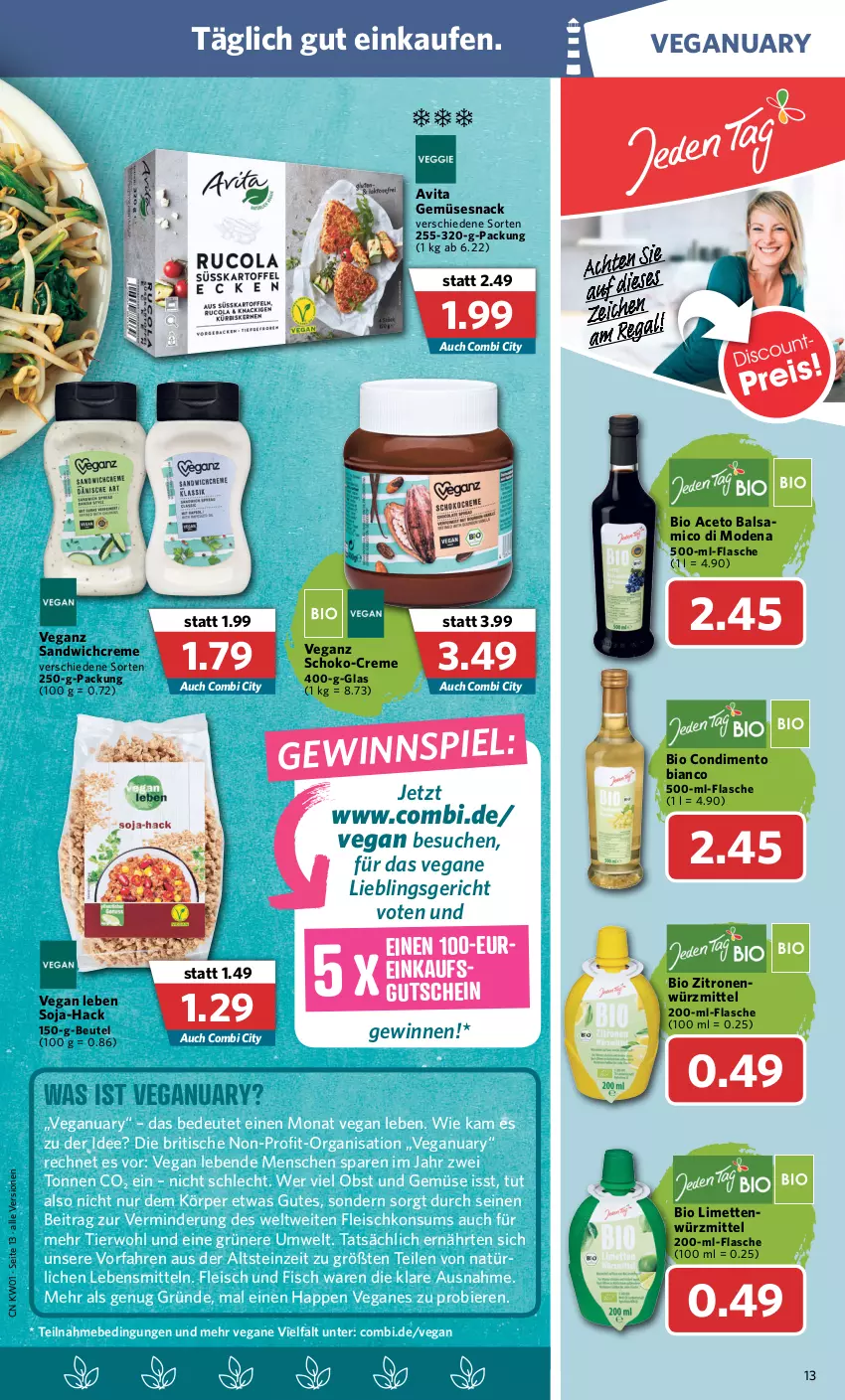 Aktueller Prospekt Combi - Prospekte - von 03.01 bis 08.01.2022 - strona 13 - produkty: aceto, aceto balsamico, balsam, balsamico, beutel, bier, Biere, bio, condimento, Condimento Bianco, creme, eis, fisch, flasche, fleisch, gewinnspiel, gutschein, lebensmittel, limette, limetten, Mett, metten, Mode, obst, Obst und Gemüse, sandwich, schoko, snack, soja, Ti, tisch, und gemüse, vita, zitrone, zitronen