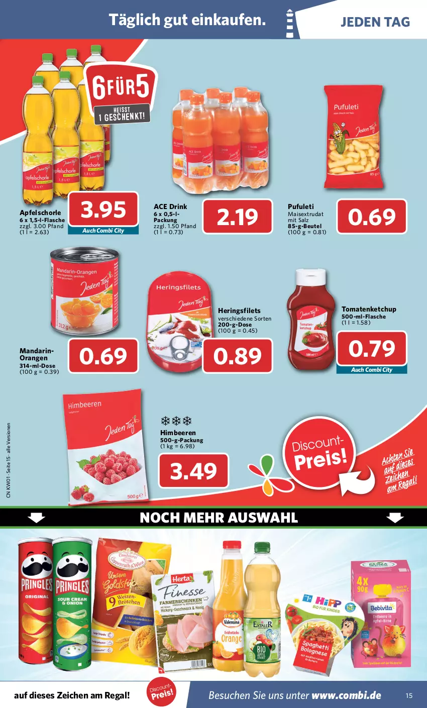 Aktueller Prospekt Combi - Prospekte - von 03.01 bis 08.01.2022 - strona 15 - produkty: apfel, Apfelschorle, beere, beeren, beutel, drink, eis, filet, filets, flasche, hering, Herings, heringsfilets, himbeer, himbeere, himbeeren, ketchup, mais, orange, orangen, regal, ring, salz, schorle, Ti, tomate, tomaten