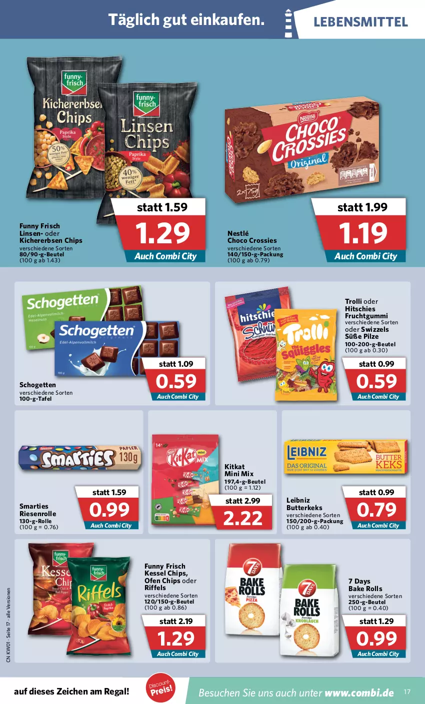 Aktueller Prospekt Combi - Prospekte - von 03.01 bis 08.01.2022 - strona 17 - produkty: beutel, butter, butterkeks, chips, choco crossies, crossies, erbsen, frucht, fruchtgummi, Funny Frisch, keks, kichererbsen, Kichererbsen Chips, kitkat, lebensmittel, leibniz, linsen, nestlé, Ofen, pilze, regal, schogetten, smarties, Ti, trolli