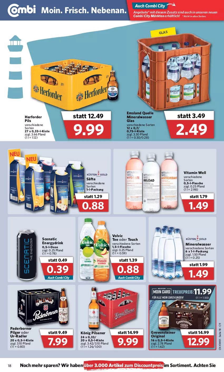 Aktueller Prospekt Combi - Prospekte - von 03.01 bis 08.01.2022 - strona 18 - produkty: Alwa, angebot, angebote, discount, drink, eis, elle, flasche, gin, grevensteiner, könig pilsener, LG, mineralwasser, pils, pilsener, radler, reis, säfte, steiner, tee, Ti, vita, volvic, wasser