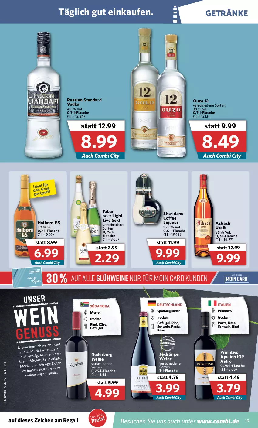 Aktueller Prospekt Combi - Prospekte - von 03.01 bis 08.01.2022 - strona 19 - produkty: asbach uralt, beere, beeren, binden, burgunder, flasche, früchte, Geflügel, getränk, getränke, Glühwein, Käse, liqueur, merl, merlot, nederburg, ouzo, ouzo 12, pasta, primitivo, regal, rind, russian standard, schoko, schokolade, schwein, sekt, spätburgunder, Ti, vodka, wein, weine