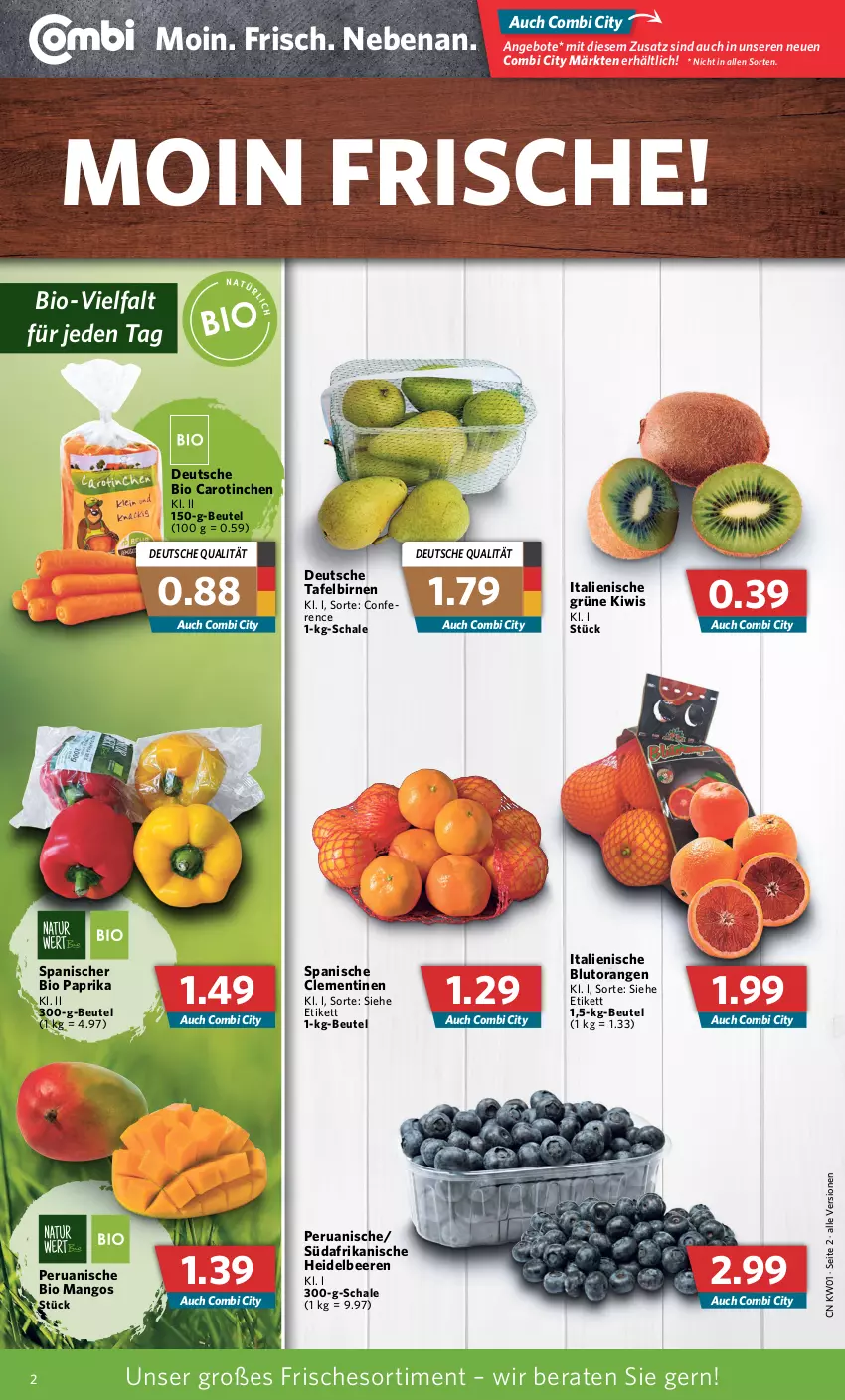 Aktueller Prospekt Combi - Prospekte - von 03.01 bis 08.01.2022 - strona 2 - produkty: angebot, angebote, beere, beeren, beutel, bio, Birnen, Blutorange, clementinen, heidelbeere, heidelbeeren, kiwi, mango, mangos, orange, orangen, paprika, Schal, Schale, tafelbirnen, Ti