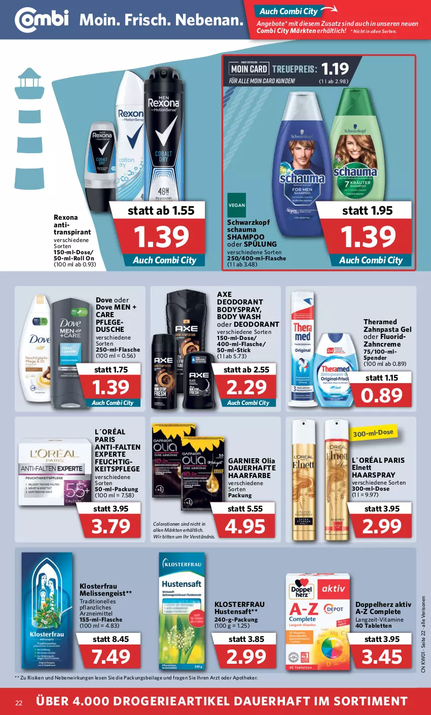 Aktueller Prospekt Combi - Prospekte - von 03.01 bis 08.01.2022 - strona 22 - produkty: angebot, angebote, anti-falten experte, Antitranspirant, Apotheke, auer, axe, body, bodyspray, Colorationen, creme, deo, deodorant, discount, doppelherz, dove, dusche, eis, elle, elnett, feuchtigkeitspflege, flasche, garnier, haarspray, ilag, L´Oréal, pasta, reis, rexona, saft, schauma, schauma shampoo, schwarzkop, schwarzkopf, shampoo, shampoo oder spülung, spülung, tablet, tablett, Tablette, theramed, Ti, vita, Vitamine, zahncreme, zahnpasta