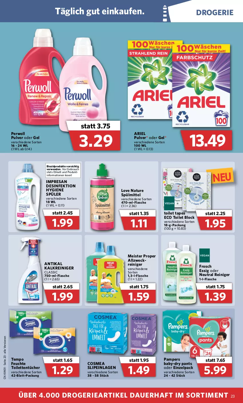 Aktueller Prospekt Combi - Prospekte - von 03.01 bis 08.01.2022 - strona 23 - produkty: ariel, auer, baby-dry, bio, biozidprodukte, cosmea, Desinfektion, eis, essig, flasche, Frosch, Kalkreiniger, Meister, meister proper, natur, pampers, Pants, perwoll, Rauch, reiniger, resa, rwe, slip, slipeinlagen, spülmittel, Tempo, Ti, toilettentücher, tücher, weck