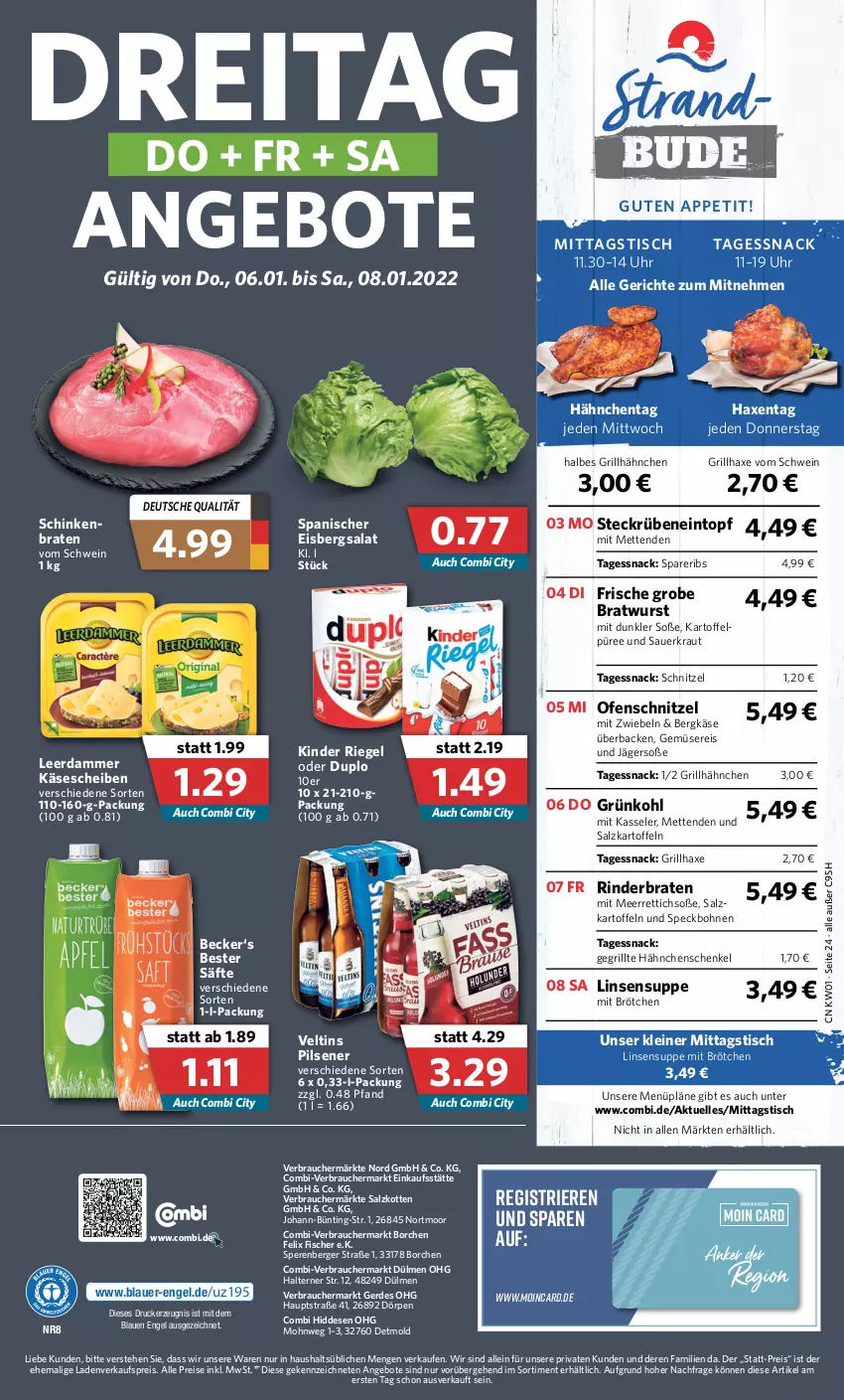 Aktueller Prospekt Combi - Prospekte - von 03.01 bis 08.01.2022 - strona 24 - produkty: angebot, angebote, auer, axe, Berger, Bergkäse, bohne, bohnen, braten, bratwurst, brötchen, drucker, duplo, eintopf, eis, eisbergsalat, elle, Engel, erde, felix, fisch, fische, Fischer, Gegrillte Hähnchenschenkel, grill, grillhähnchen, grillhaxe, grobe bratwurst, hähnchenschenkel, Haxe, henkel, kartoffel, kartoffeln, Kartoffelpüree, Käse, käsescheiben, kasseler, kerze, Kinder, kinder riegel, Kraut, leerdammer, leine, linsen, meerrettich, Mett, metten, Mettenden, mit zwiebeln, Ofen, pils, pilsener, püree, Rauch, reis, Rettich, riegel, rind, rinder, rinderbraten, säfte, salat, salz, Sauerkraut, schenkel, schinken, schinkenbraten, schnitzel, schwein, snack, Soße, spareribs, Speck, suppe, Ti, tisch, topf, uhr, veltins, veltins pilsener, wein, wurst, zwiebel, zwiebeln