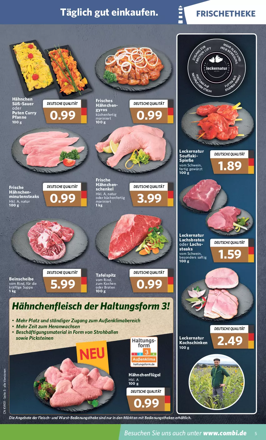 Aktueller Prospekt Combi - Prospekte - von 03.01 bis 08.01.2022 - strona 5 - produkty: angebot, angebote, auer, ball, braten, curry, eis, fleisch, Frische Hähnchen, gewürz, gyros, Hähnchenfleisch, hähnchenflügel, hähnchenschenkel, henkel, kochschinken, küche, Küchen, lachs, Lachsbraten, mab, minutensteaks, natur, pfanne, pute, Ria, rind, saft, schenkel, schinken, schwein, steak, steaks, suppe, tafelspitz, Ti, wein, wurst