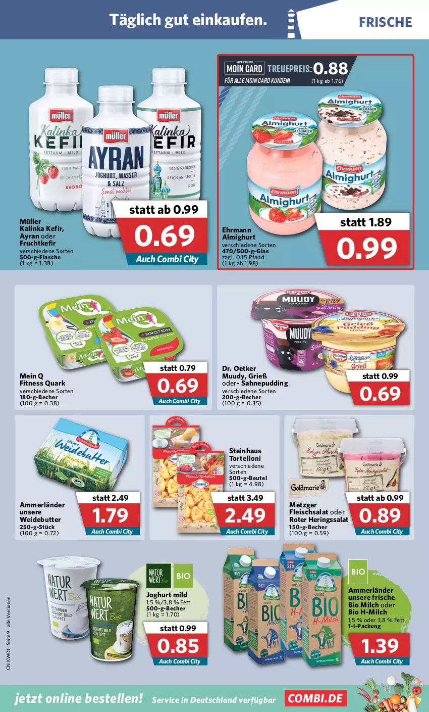 Aktueller Prospekt Combi - Prospekte - von 03.01 bis 08.01.2022 - strona 9 - produkty: almighur, almighurt, ammerländer, Ayran, Becher, beutel, bio, butter, Dr. Oetker, ehrmann, ehrmann almighurt, eis, elle, flasche, fleisch, fleischsalat, frucht, hering, Herings, joghur, joghurt, joghurt mild, Kefir, merl, milch, Müller, pudding, quark, reis, ring, sahne, salat, steinhaus, torte, tortelloni