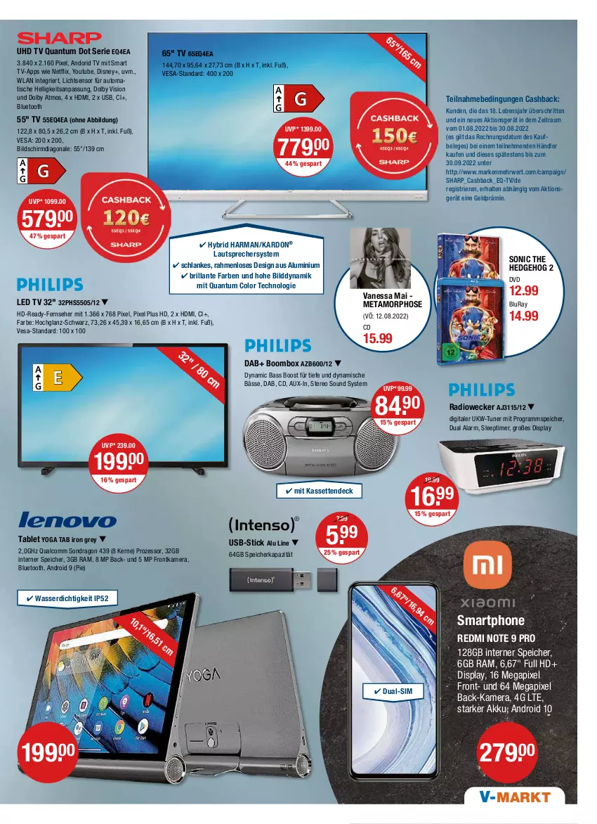 Aktueller Prospekt Vmarkt - V-Markt - von 11.08 bis 17.08.2022 - strona 15 - produkty: akku, auto, disney, dual-sim, dvd, fernseher, frontkamera, harman, HDMI, hochglanz, hose, kamera, lautsprecher, led tv, netflix, Radio, rwe, Sharp, sim, smart tv, smartphone, tablet, Ti, timer, tisch, tuner, uhd, uhd tv, usb, wasser, weck, Yo