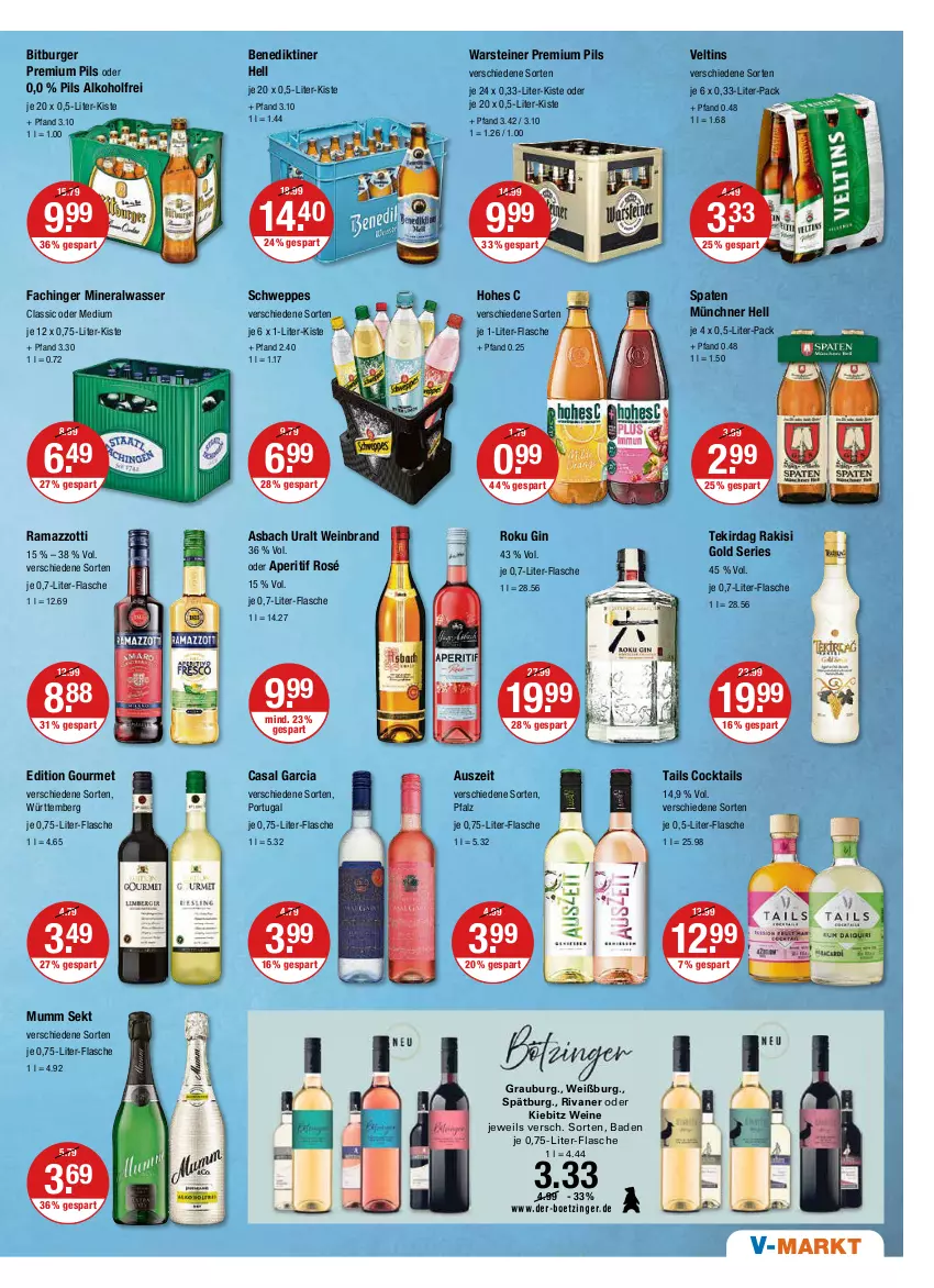 Aktueller Prospekt Vmarkt - V-Markt - von 11.08 bis 17.08.2022 - strona 9 - produkty: alkohol, Alwa, aperitif, asbach uralt, Bad, Benediktiner, bitburger, burger, casal garcia, cocktail, cocktails, flasche, gin, Hohes C, je 1-liter-flasche, mineralwasser, mumm, pils, premium pils, rama, ramazzott, ramazzotti, Rivaner, schweppes, sekt, Spaten, steiner, Ti, veltins, warsteiner, wasser, wein, weinbrand, weine, zott