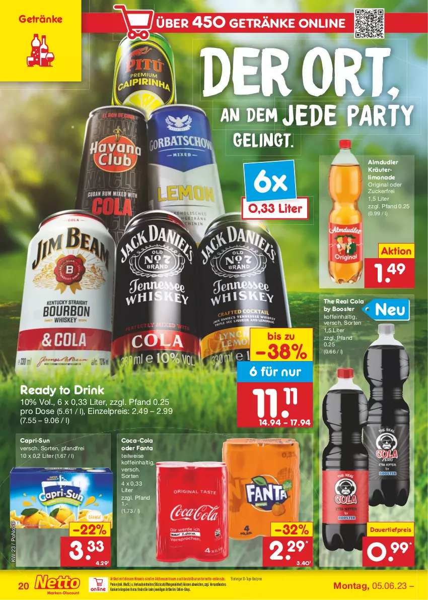 Aktueller Prospekt Netto Marken-Discount - Filial-Angebote - von 05.06 bis 10.06.2023 - strona 20 - produkty: almdudler, auer, bestpreis, Cap, capri-sun, coca-cola, cola, dauertiefpreis, drink, eis, fanta, getränk, getränke, gin, kräuter, limo, limonade, ndk, reis, Ti, tiefpreis, zucker