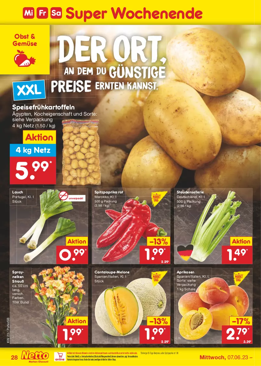 Aktueller Prospekt Netto Marken-Discount - Filial-Angebote - von 05.06 bis 10.06.2023 - strona 28 - produkty: aprikose, aprikosen, asti, bestpreis, Cantaloupe-melone, eis, elle, Frühkartoffeln, kartoffel, kartoffeln, melone, ndk, obst, paprika, paprika rot, reis, Schal, Schale, speisefrühkartoffeln, Spitzpaprika, stauden, Ti