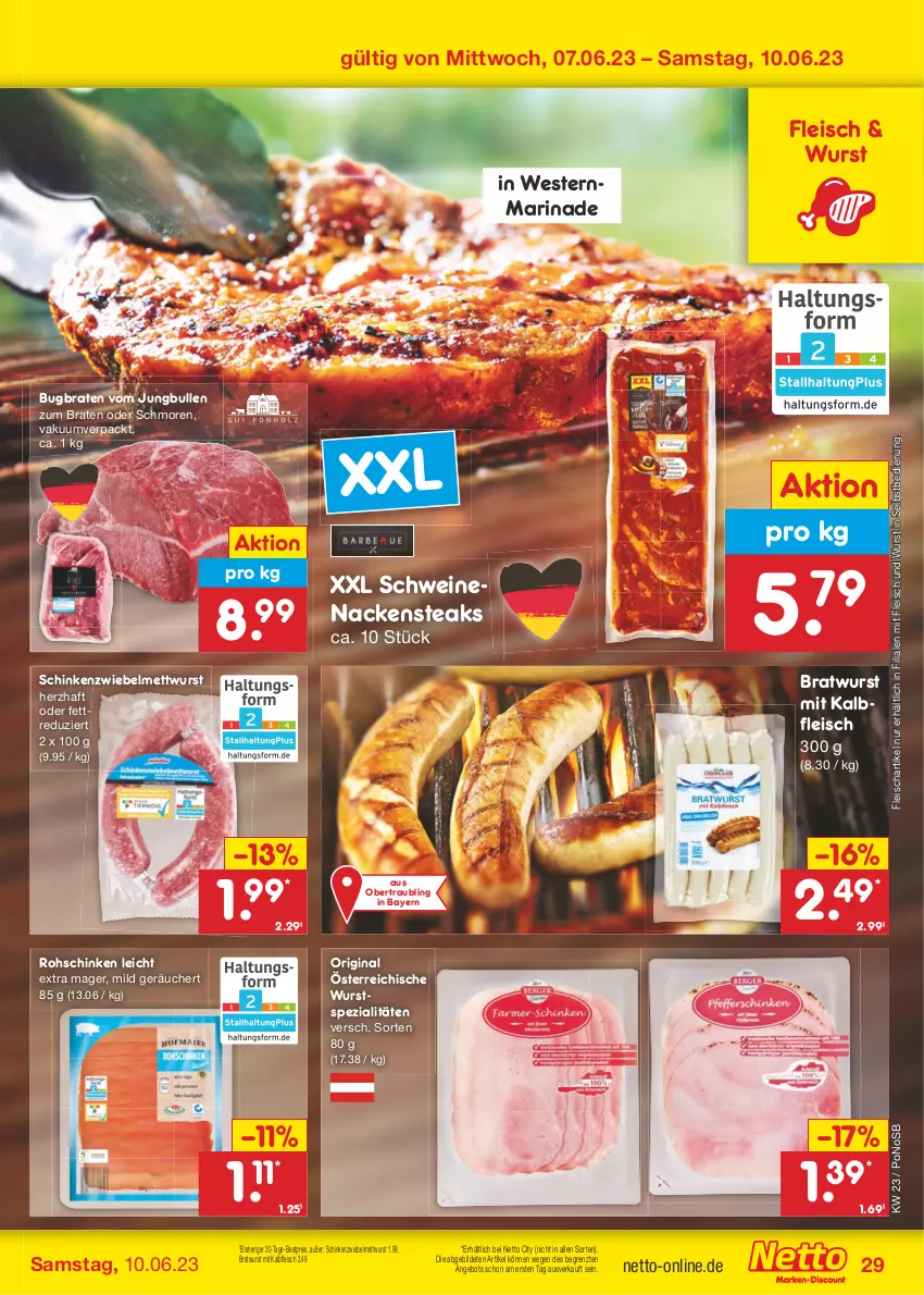 Aktueller Prospekt Netto Marken-Discount - Filial-Angebote - von 05.06 bis 10.06.2023 - strona 29 - produkty: angebot, bestpreis, braten, bratwurst, eis, fleisch, gin, jungbullen, Kalbfleisch, marinade, Mett, mettwurst, mit kalbfleisch, Nackensteak, nackensteaks, reis, rohschinken, schinken, schwein, schweine, schweinenacken, Spezi, steak, steaks, Ti, wein, weine, Weste, wurst, wurst in selbstbedienung, ZTE, zwiebel, zwiebelmettwurst