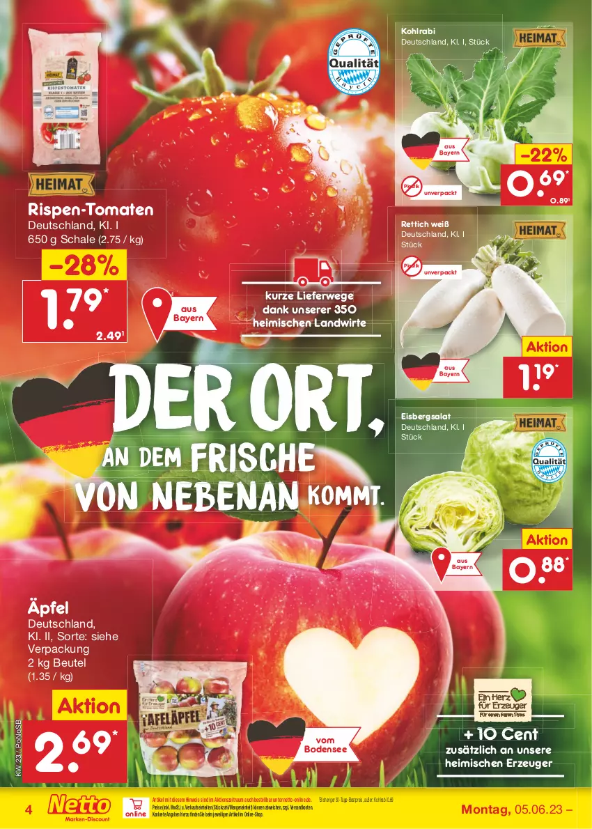 Aktueller Prospekt Netto Marken-Discount - Filial-Angebote - von 05.06 bis 10.06.2023 - strona 4 - produkty: asti, bestpreis, beutel, eis, eisbergsalat, kohlrabi, ndk, reis, Rettich, rwe, salat, Schal, Schale, Ti, tomate, tomaten